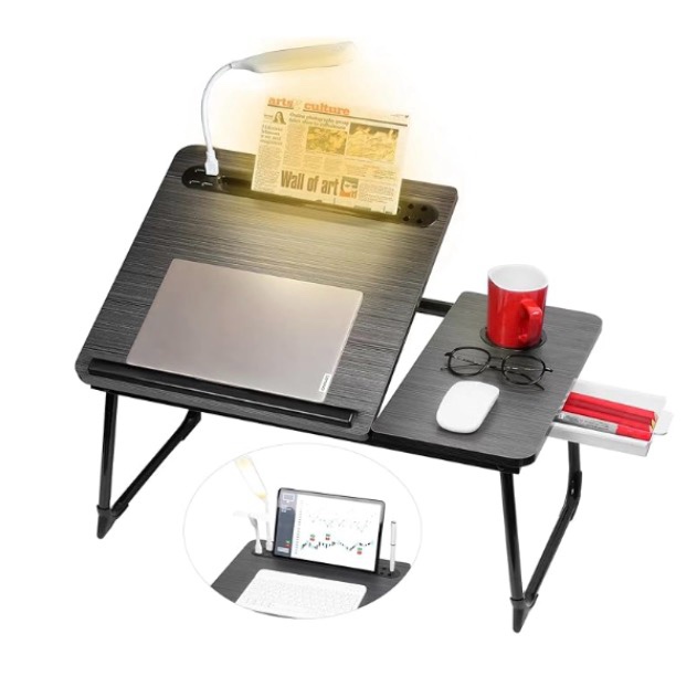 CloudTrip Plus XL Adjustable Laptop Desk with Light, USB Port, iPad Holder, Drawer Storage - Larger 23.6IN Adjustable Lap Desk for Bed, Home Office, Breakfast Tray, Fordable Legs Desk (Black)