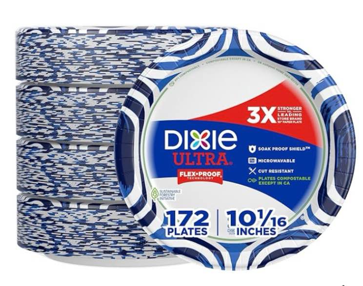 Dixie Ultra, Large Paper Plates, 10 Inch, 172 Count, 3X Stronger*, Heavy Duty, Microwave-Safe, Soak-Proof, Cut Resistant, Disposable Plates For Heavy, Messy Meals (Design May Vary)