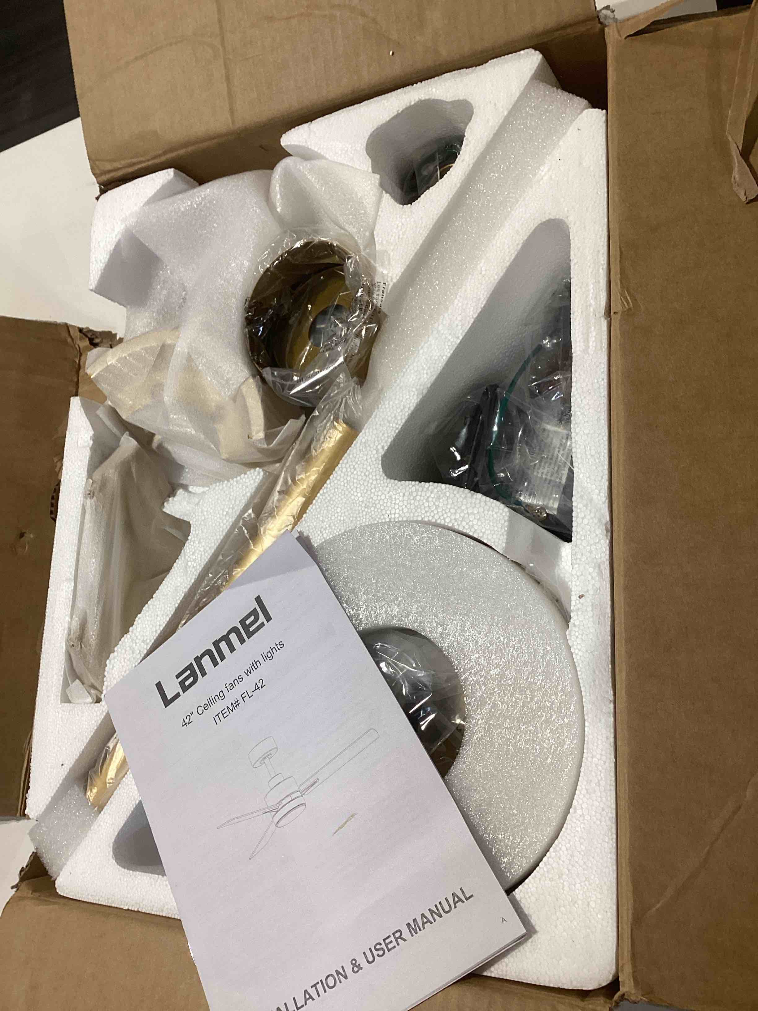 Condition photo showing Good Condition for 42'' Ceiling Fan with Lights and Remote, Low Profile Modern Ceiling Fan Gold, 6 Speed, Reversible, 3000k-6000k LED, Quiet DC Motor for Indoor Outdoor Bedroom Living Room Gold White 42 Inch