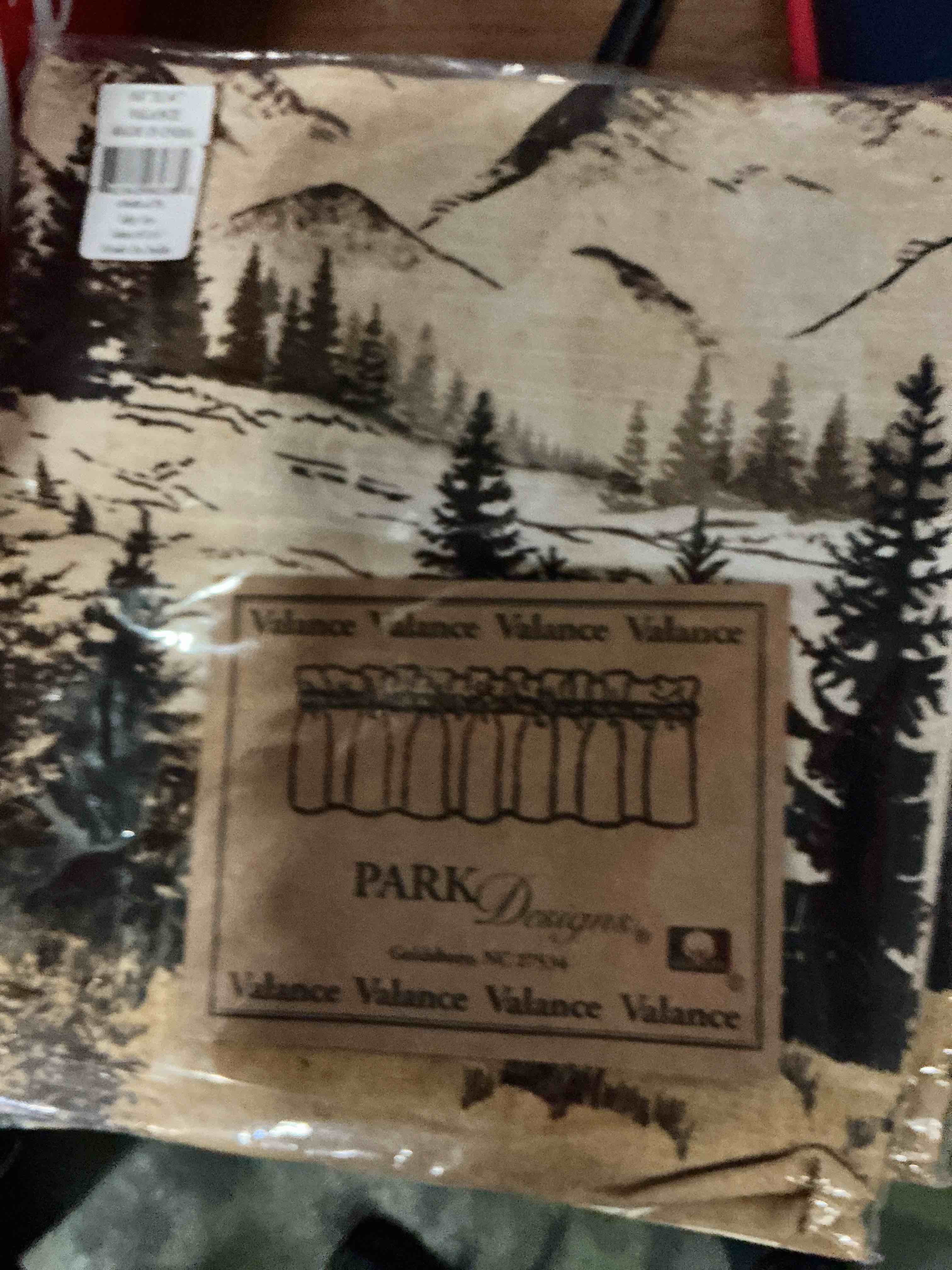 Condition photo showing New/Like New for park designs valley view valance 60" x 14", rustic tan, white, and black window valance, decorative aged forest printed window valances for country and cabin lodge style home decor