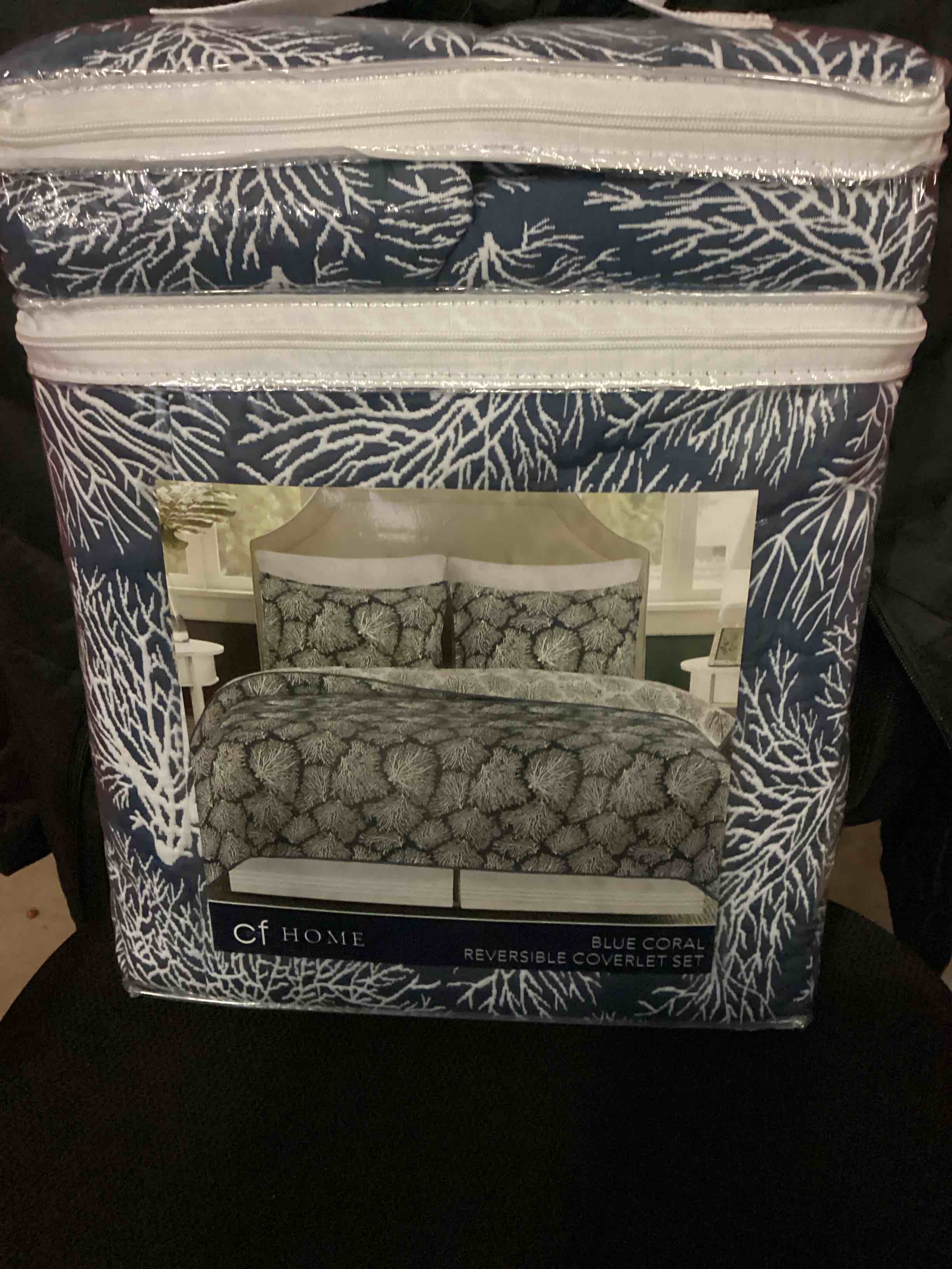 Condition photo showing New/Like New for blue coral jacquard reversible coverlet set, king 