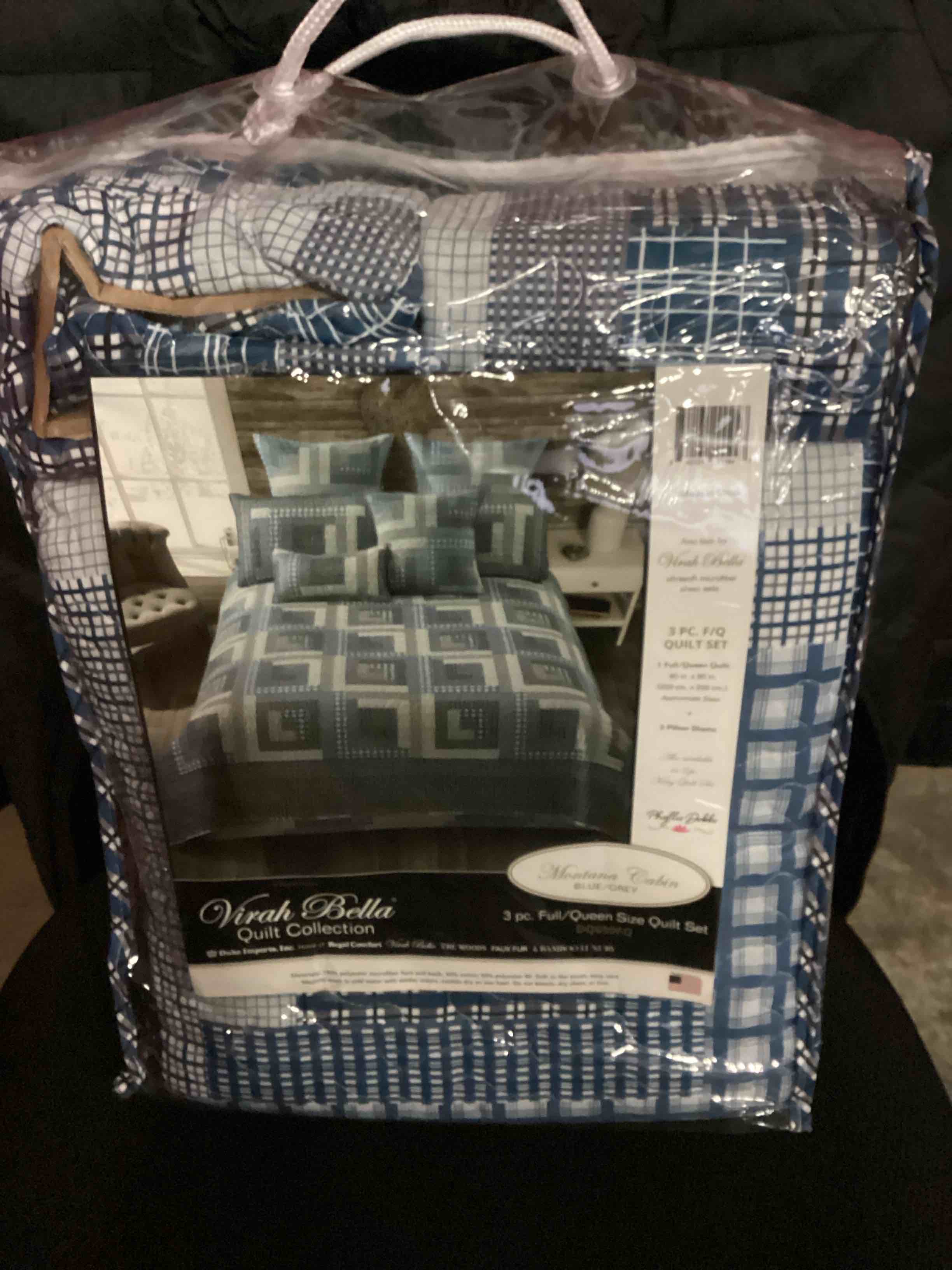 Condition photo showing New/Like New for virah bella 2 piece full/queen lodge quilt bedding set - rustic country reversible comforter set with decorative pillow shams - montana cabin: blue/gray