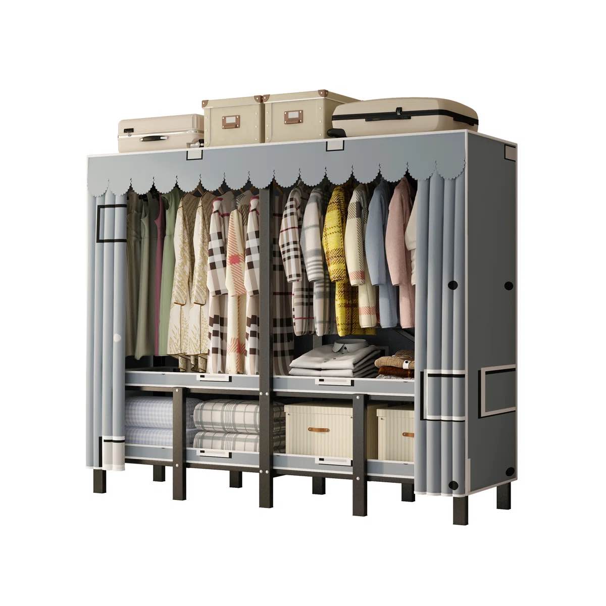 INO Design 66" Portable Closet Organizer Clothes Storage Wardrobe Rack Shelf Dustproof Stout, Gray