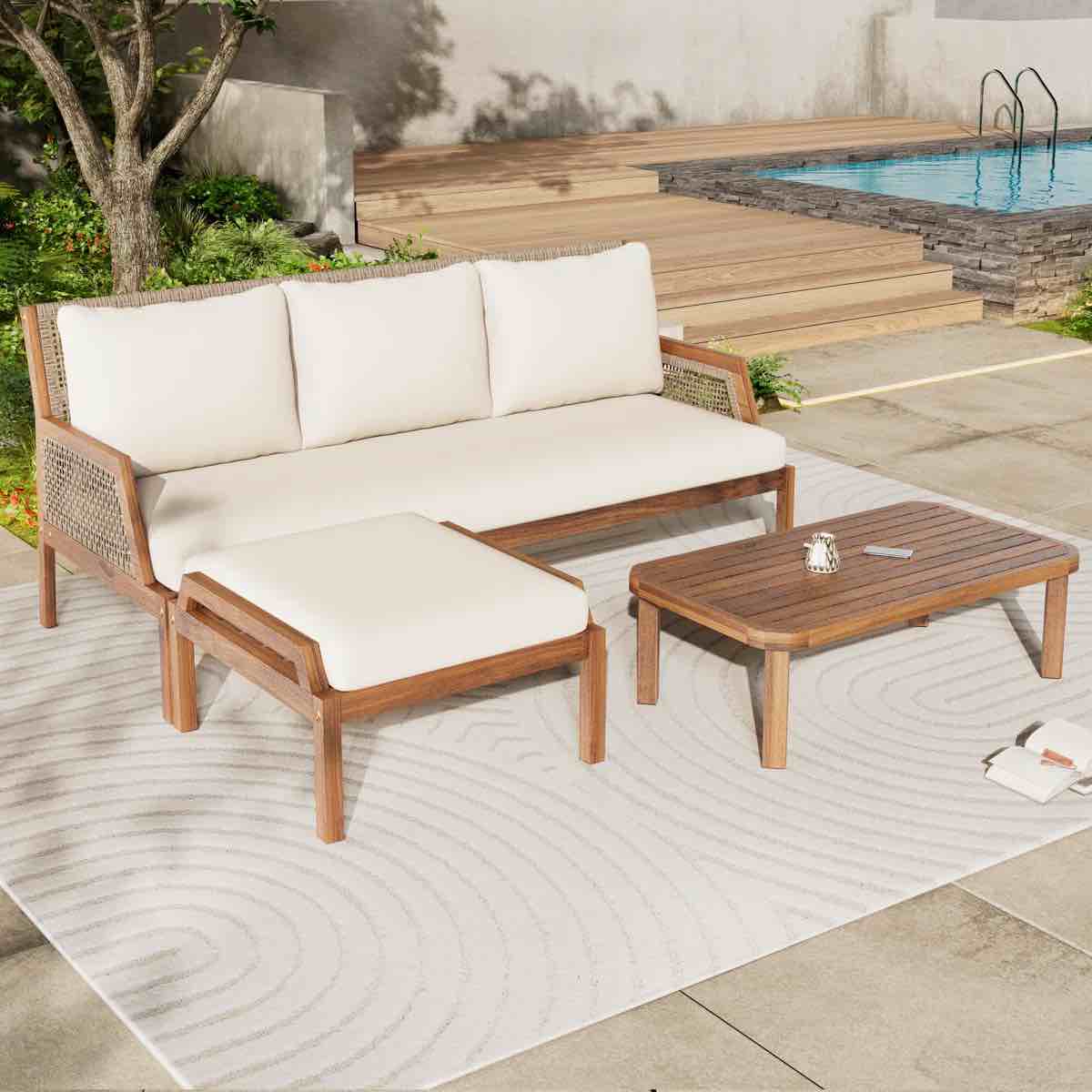 Donovan Outdoor Acacia Wood & Wicker Conversation Set With Ottoman ( incomplete only 1 box ) 