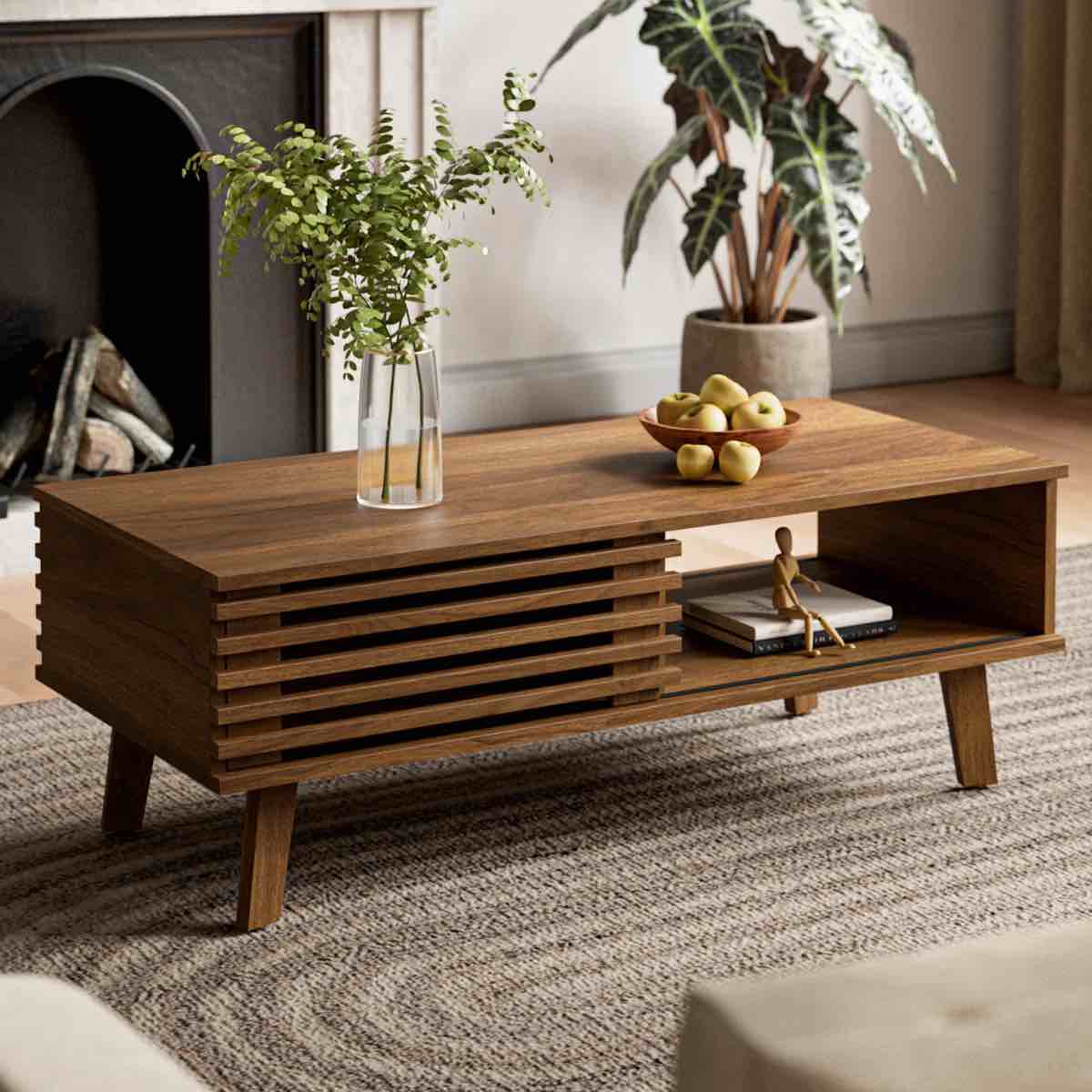 Enely Coffee Table with Storage, Mid Century Modern Coffee Table with slatted Door