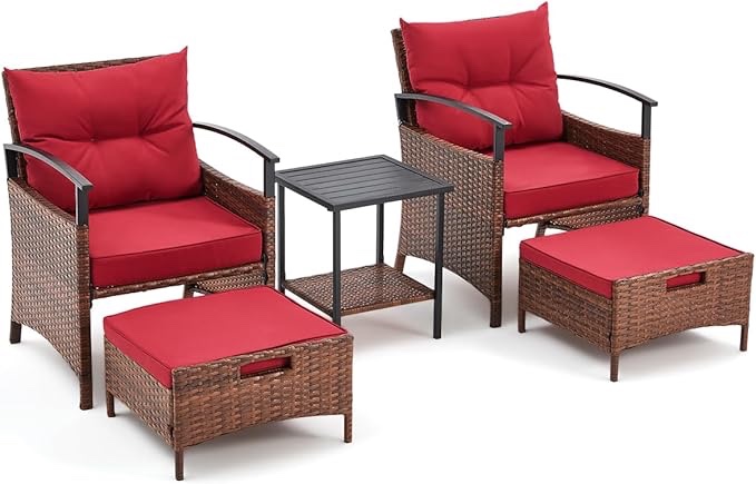 avawing 5 pieces patio furniture set, outdoor rattan chairs with metal coffee table, ottomans & soft cushions, wicker conversation bistro set for garden, porch, deck, balcony (red ( incomplete box 2 of 2 ) 