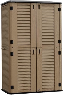 HOMSPARK Storage Shed Weather Resistance, Multi-Purpose Outdoor Storage Cabinet for Backyards and Patios, Horizontal Storage Shed for Lawnmower, Patio Accessories (Coffee, Tall - 53 cu.ft) ( incomplete box 1 of 3 ) 