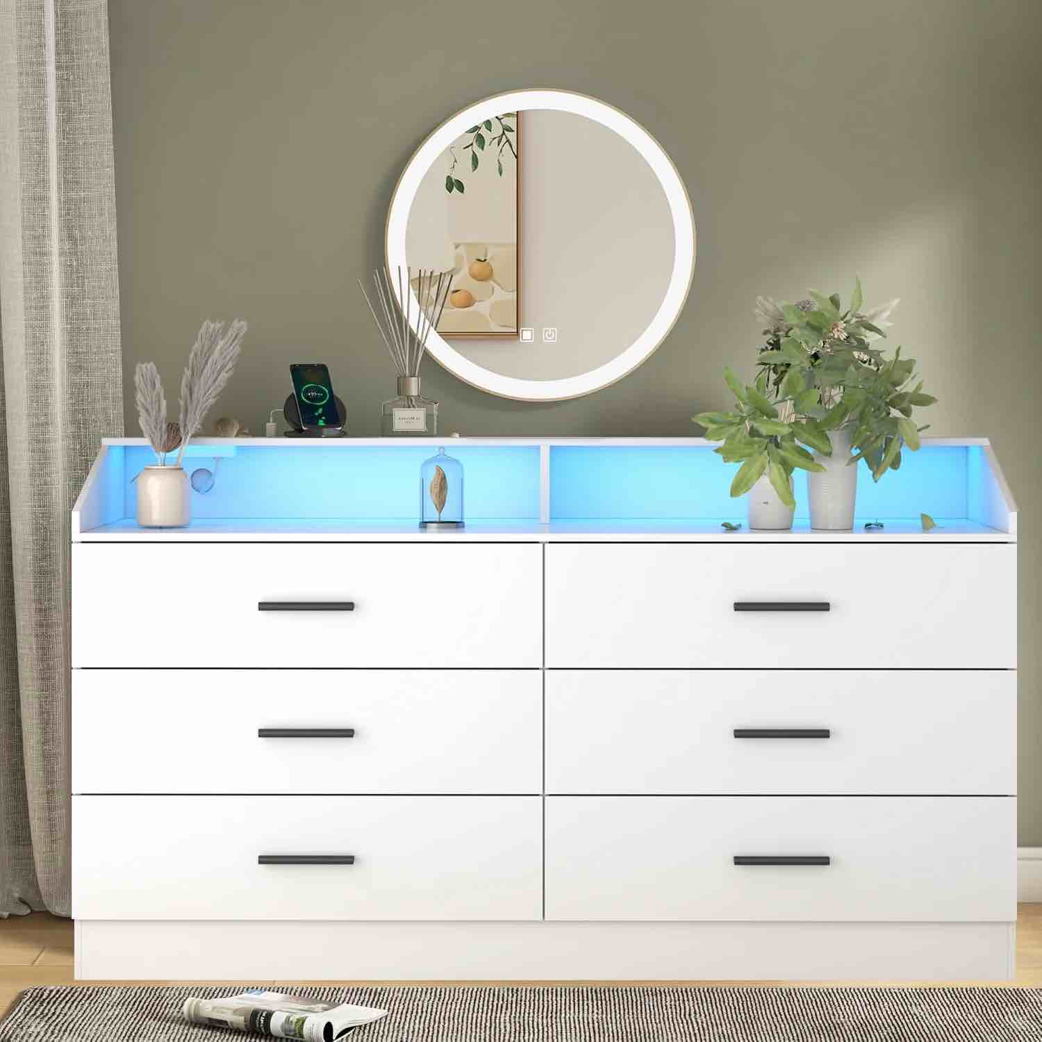 Gyfimoie 6 Drawers Dresser with Power Outlet, Chest of Drawers with LED Light, Modern Dresser with Open Storage Cubby, Double Wide Dresser Organizer for Bedroom, Living Room,   ( similar ) 