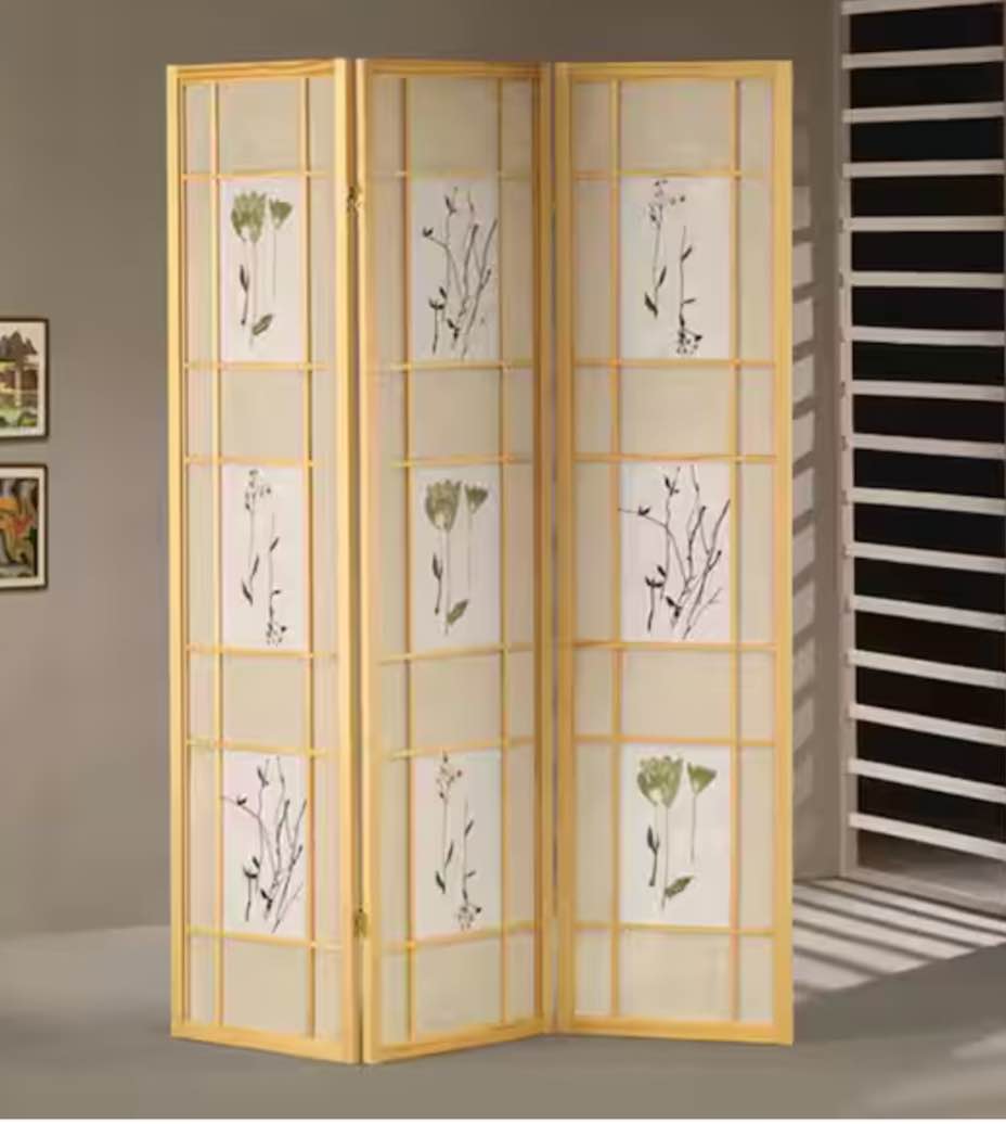 51 in. Wide Natural 3-Panel Square Floral Room Divider