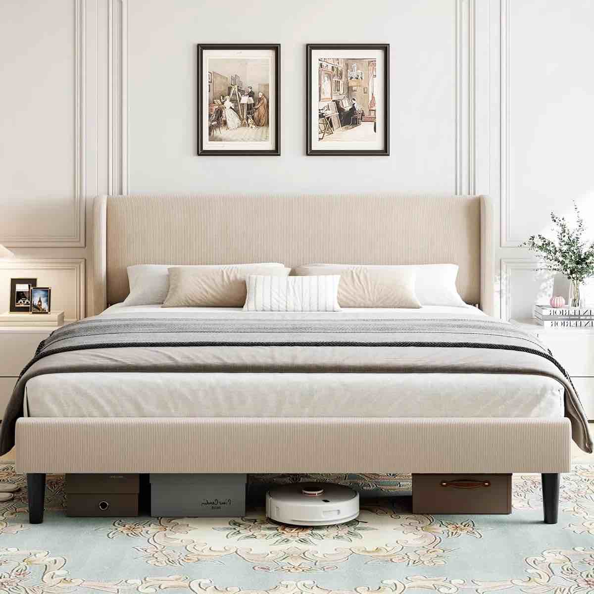 Platform Bed Frame with Upholstered Wingback Headboard Queen 