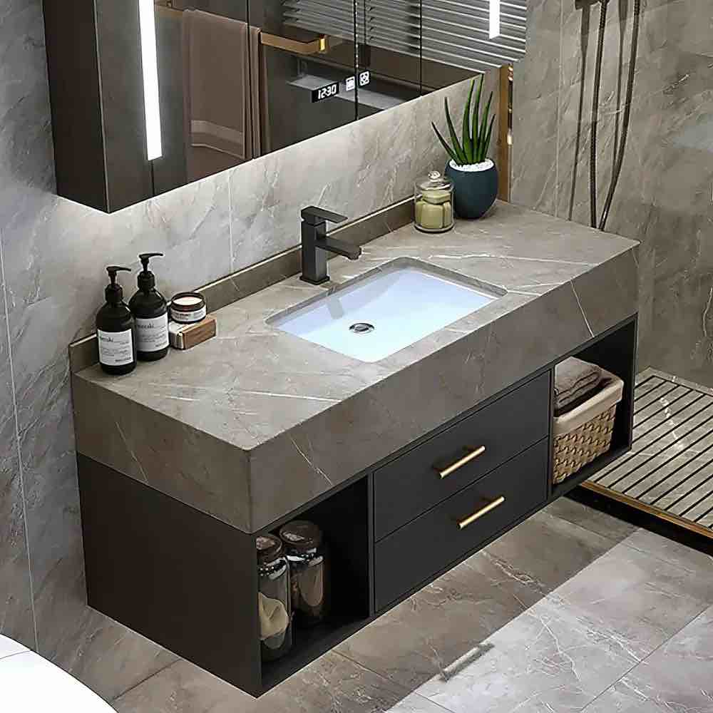 Chiverton Bathroom Vanity Set 35.4" Modern Floating Wall-Mounted Vanity with Sintered Stone Undermount Sink ( incomplete only base ) 