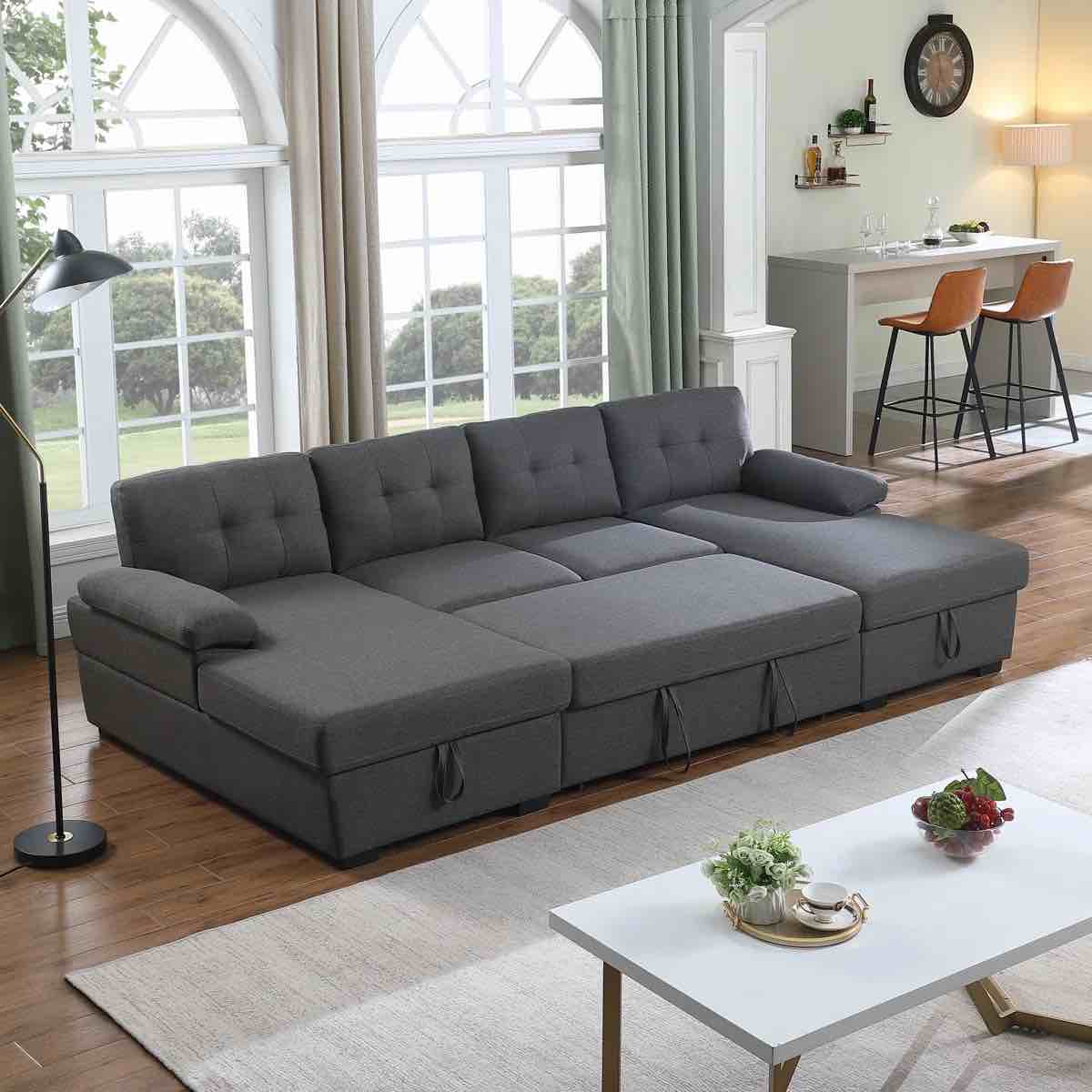 Allan 120” Sectional Sofa Couch Sleeper Bed With Storage Double Reversible Chaise ( incomplete box 1 of 3 )) 