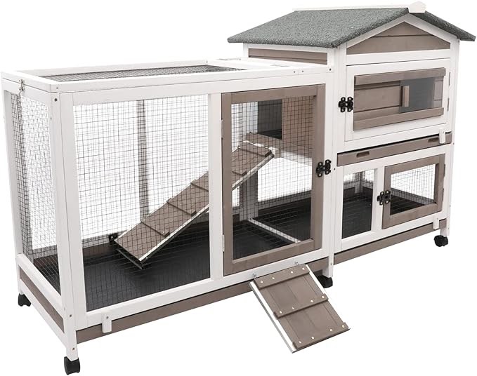 Rabbit Hutch Indoor Outdoor 2 Story Bunny Cage with 3 No Leak Trays,55.31" L Guinea Pig Cages Rabbit Cage with 6 Wheels for Guinea Pig,Rabbit for Rabbit Lover|Pet Lover(White/Grey