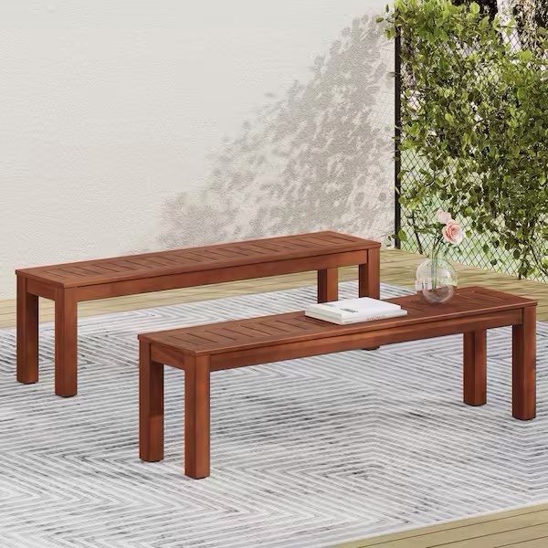 Dark Brown Wood Outdoor Bench Patio Dining Bench (Set of 2)