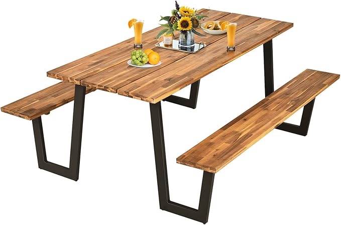 incomplete box 2 of 2)Giantex Acacia Wood Picnic Table Bench Set, 6ft Wooden Outdoor Dining Table Set w/ 2’’ Umbrella Hole, Heavy Duty Picnic Beer Table Bench Set with Metal Frame, Patented (Natural & Black)