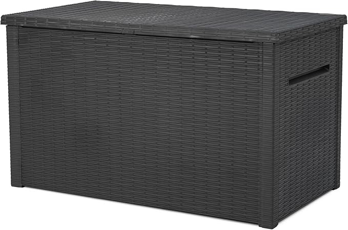 keter java xxl 230 gallon resin rattan look large outdoor storage deck box for patio furniture cushions, pool toys, and garden tools, dark grey