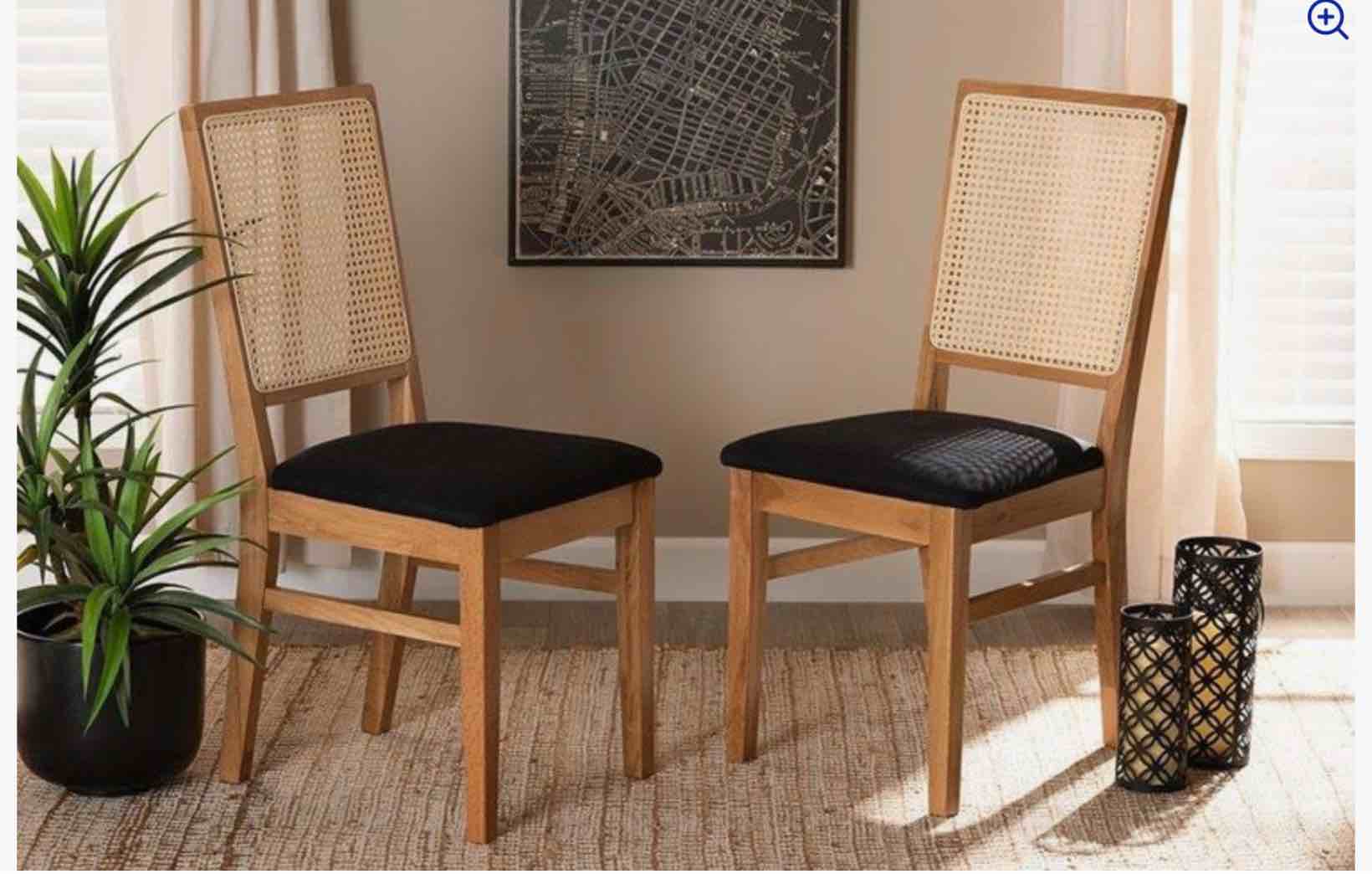 Baxton Studio Idris Mid-Century Modern Black Fabric Upholstered and Oak brown Finished 2-Piece Rattan Dining Chair Set