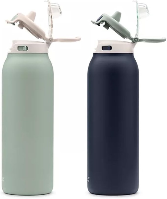 Ello Pop & Fill 32oz. 2-Pack Stainless Steel Water Bottle with QuickFill Technology, Eucalyptus/Sea Glass