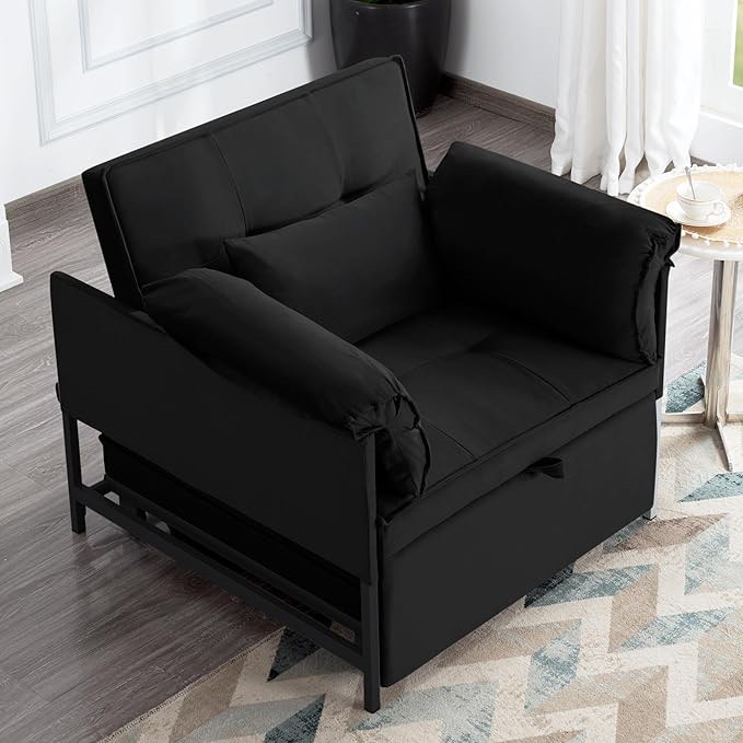 34.3” convertible pull-out sleeper chair velvet sofa bed for small space living room office with reclining backrest (black)