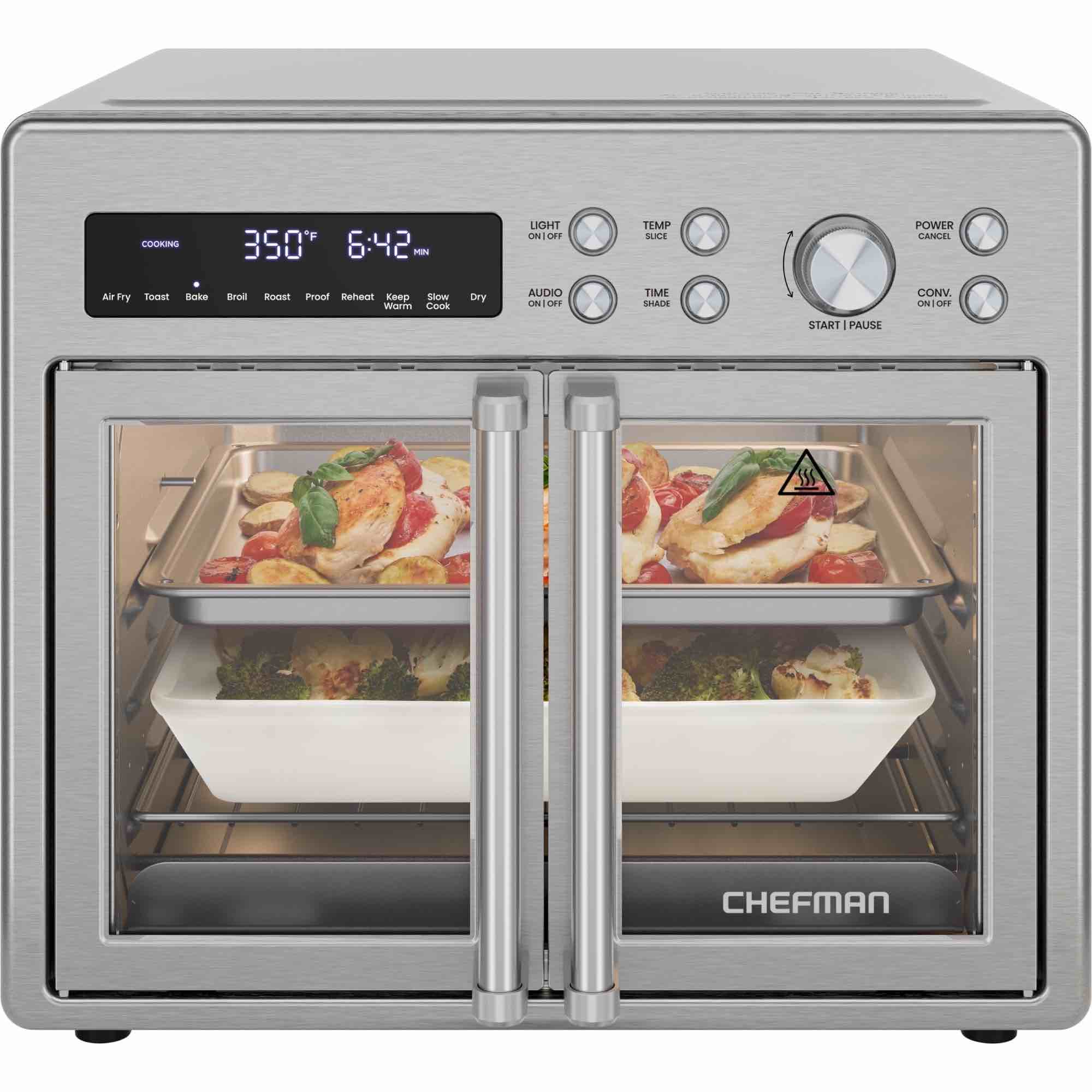 chefman french door 10-in-1 toaster oven air fryer, 26-quarts, fits 12-inch pizza – stainless steel