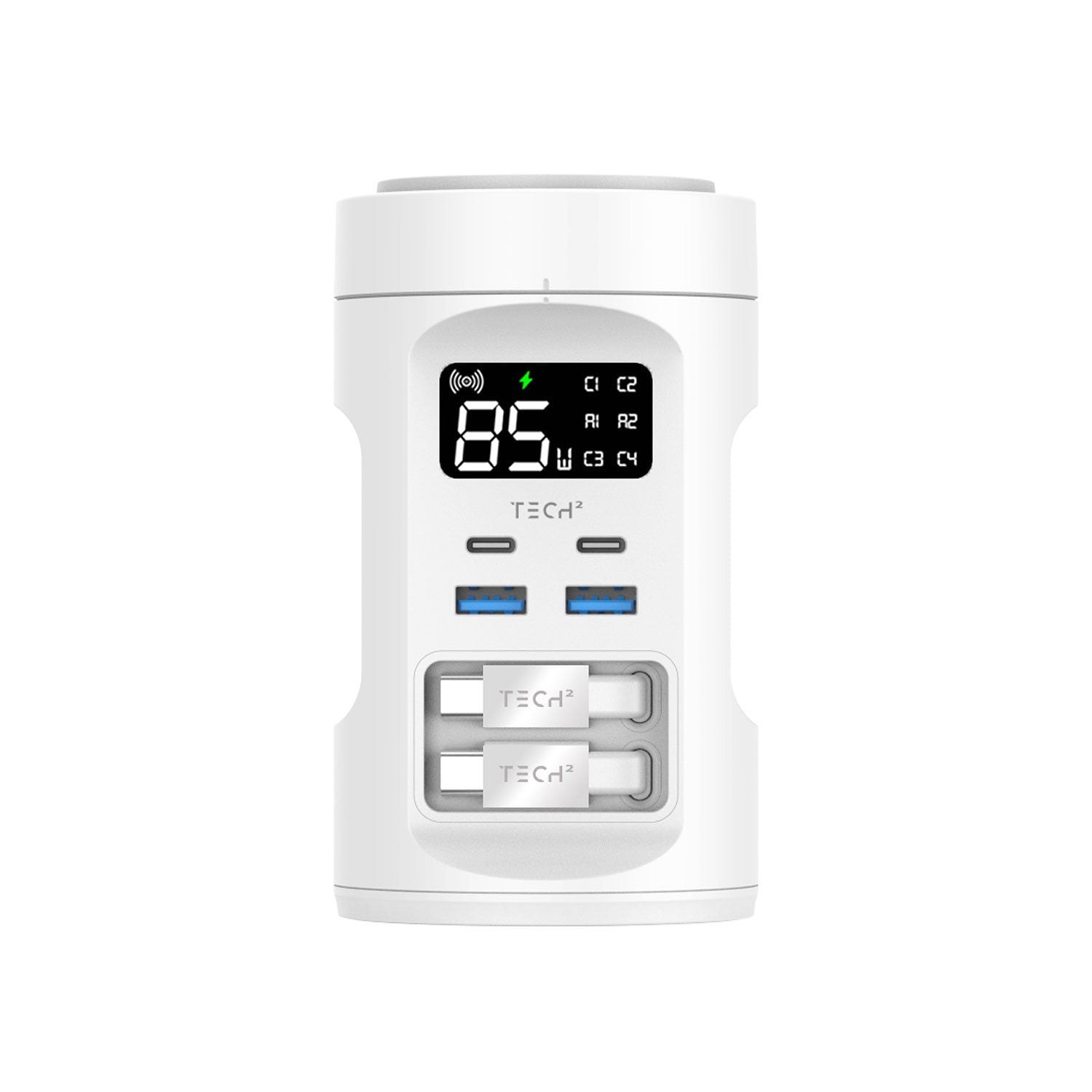 Tech Squared Power Tower with Qi2 Wireless Charging and Retractable Cords