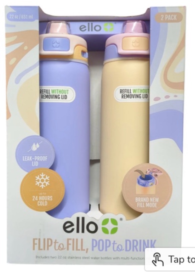 Ello Pop & Fill Stainless Steel Water Bottle, Leak Proof Locking Lid, 22oz, 2pk