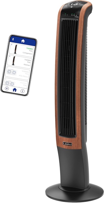 lasko oscillating wind curve tower fan, bluetooth technology, 3 quiet speeds, for bedroom, living room & office, 42", woodgrain, t42905