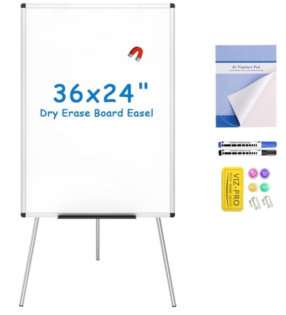 viz-pro magnetic whiteboard easel, 36 x 24 inches, portable dry erase board height adjustable for school office and home