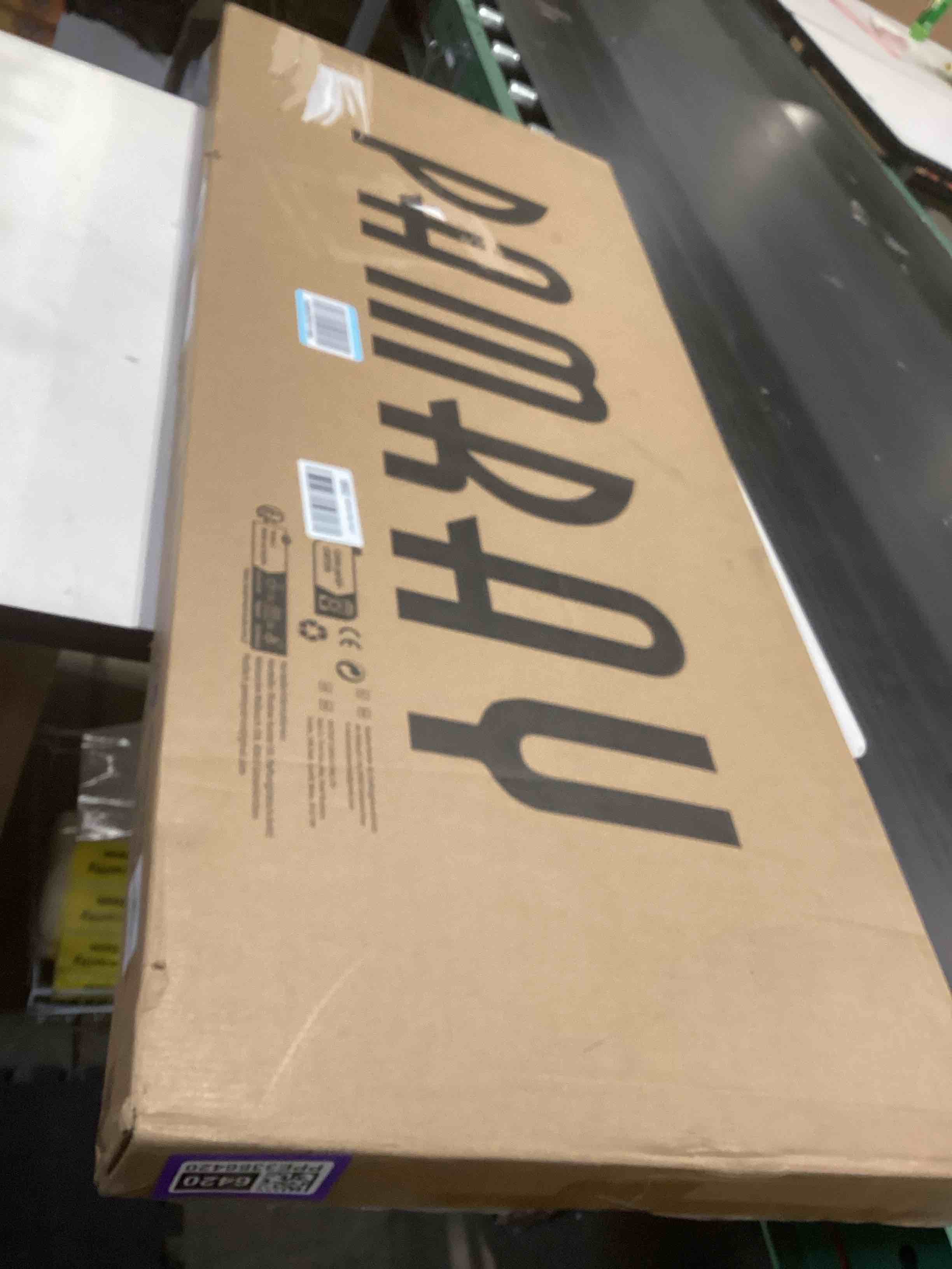 Condition photo showing As Is for Pamray L Shaped Computer Desk with Reversible Side Storage Shelves, 49 Inch Gaming Desk with Power Outlets and Led Lights, PC Table for Home Office and Bedroom Marble Marble 49 inch