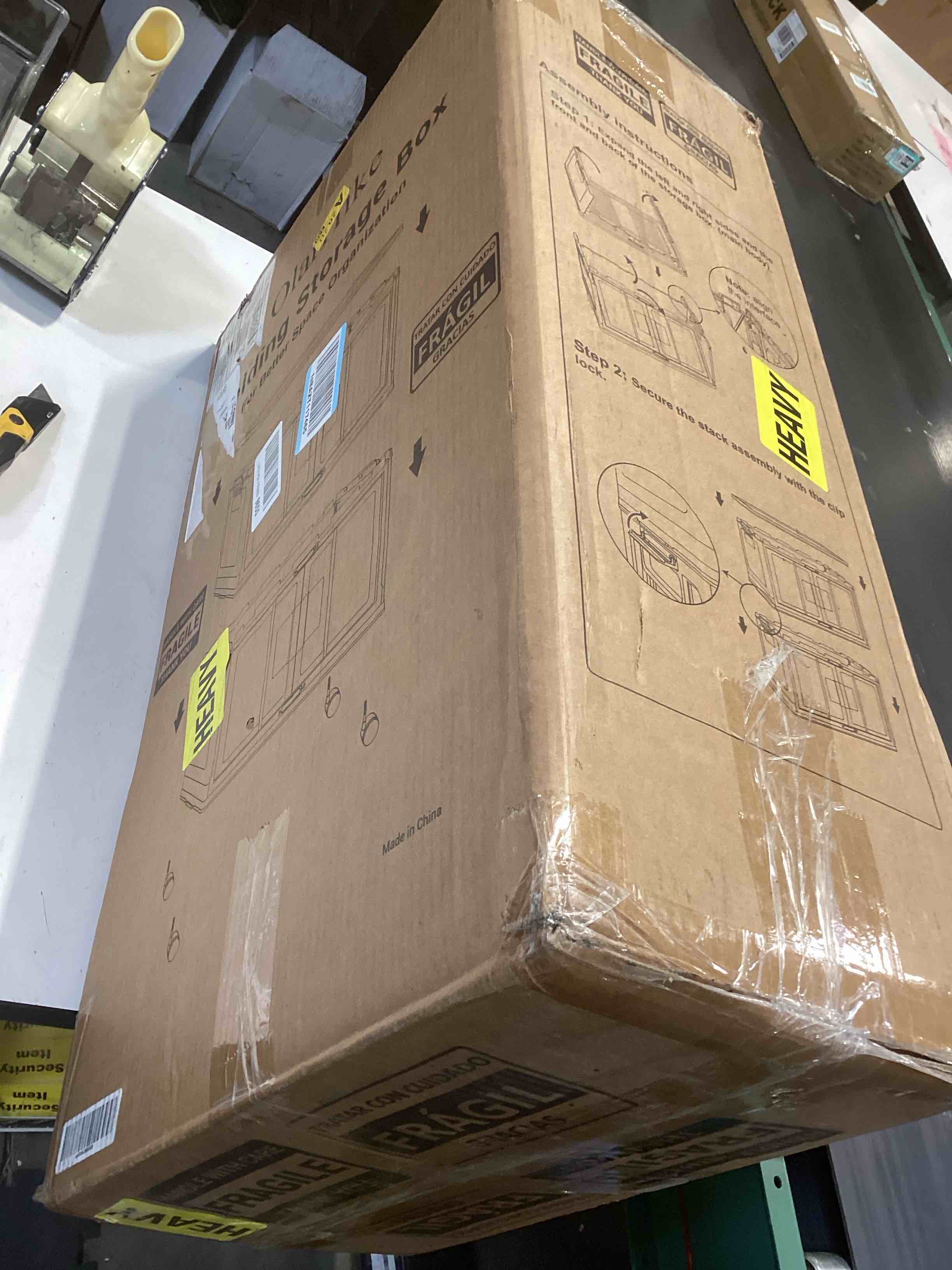 Condition photo showing Good Condition for OlarHike 97QT Stackable Storage Bins with Lids - Folding Storage Box with Doors and Wheels, Collapsible Plastic Storage Drawers for Closets and Organization, Garage, 4 Pack Cubes 97QT-White 4Pack