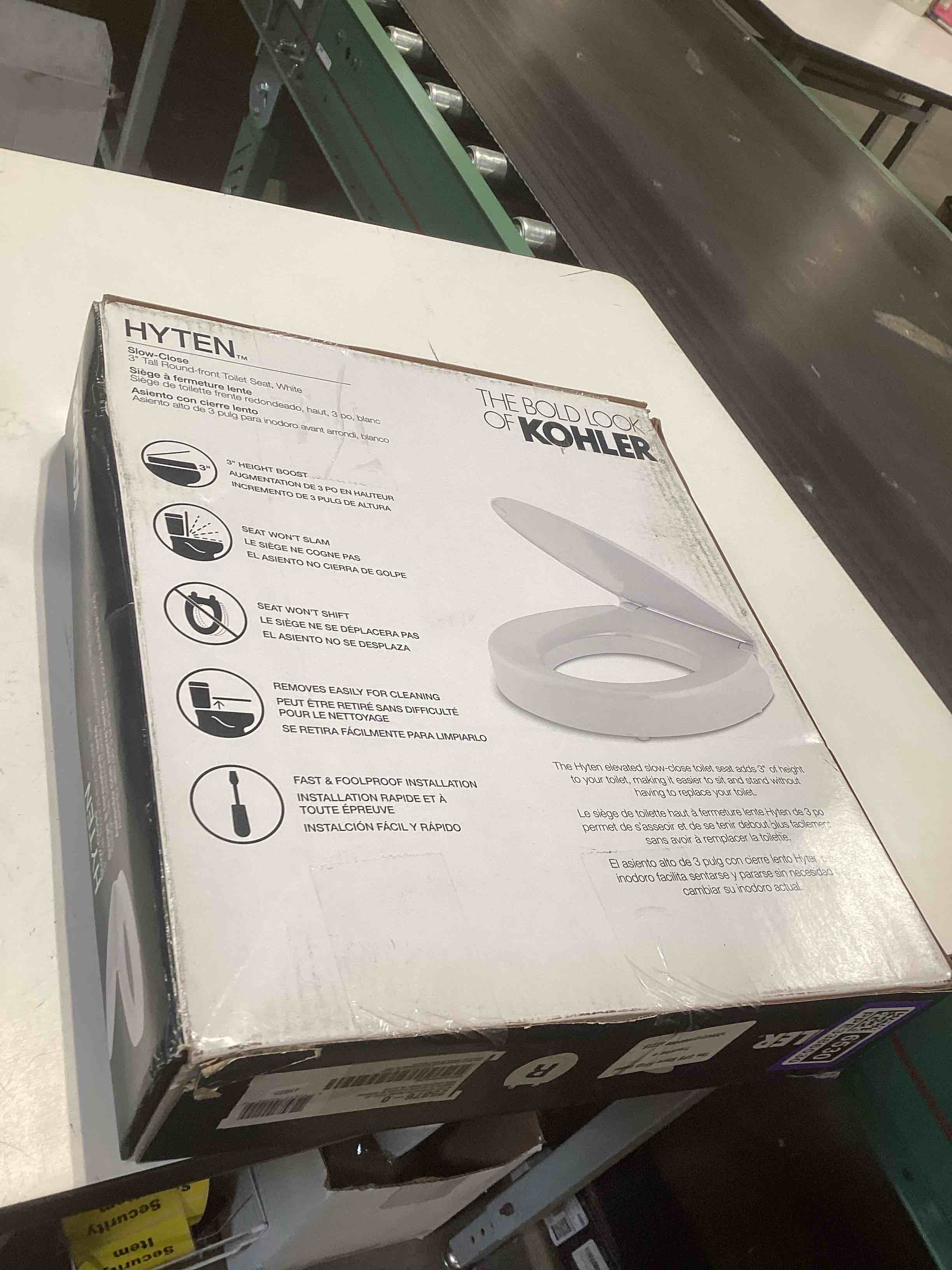 Condition photo showing Good Condition for KOHLER 25876-0 Hyten 3" Height, Elevated Soft Close Round Toilet Seat, Contoured Seat with Grip-Tight Bumpers, Quick-Attach Hardware, White White Round