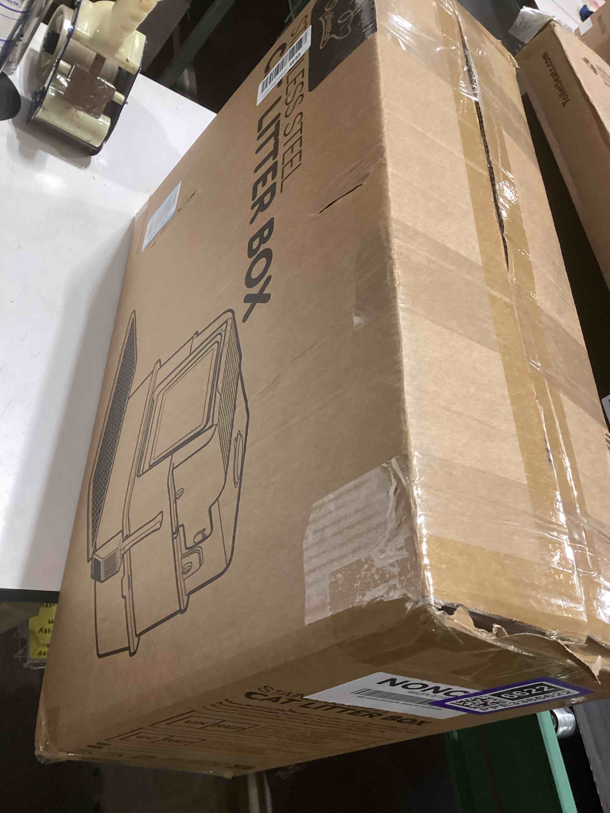 Condition photo showing As Is for L7 Ultra-Stainless Steel Litter Box with Smart Odor Control System, XXL Extra Large Enclosed Metal Cat Litter Box with Lid for Kitty&Big Cats, High Sided Enclosure with Scoop & Mat, Anti-Leakage-Grey Dark Grey