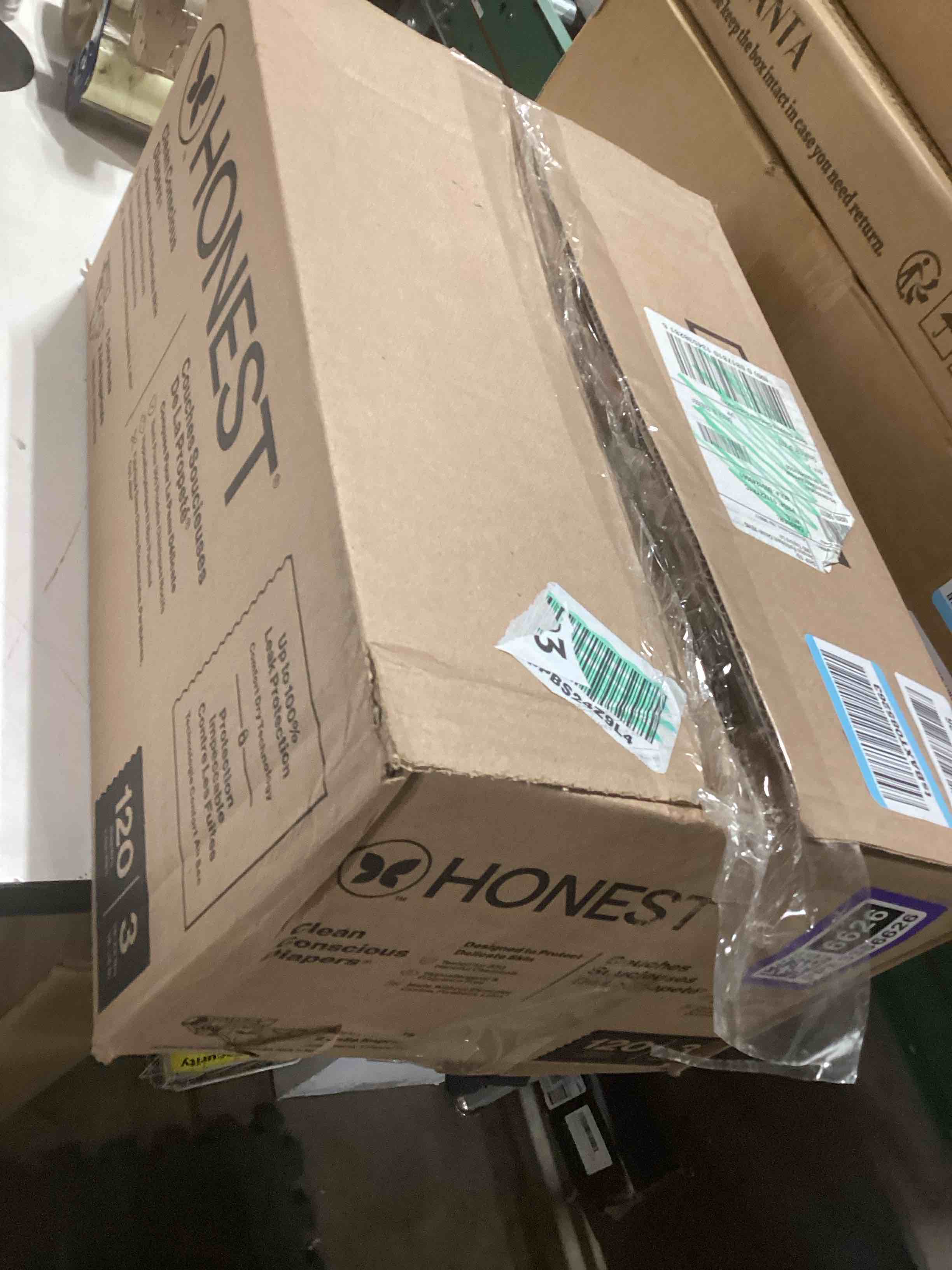 Condition photo showing As Is for The Honest Company Comfort Dry Disposable Diapers for Sensitive Skin, Hypoallergenic, Space Travel + It's a Pawty, Super Club Box Size 3, (16–28 lbs), 120 Count Size 3 (120 Count) Space Travel + It's a Pawty