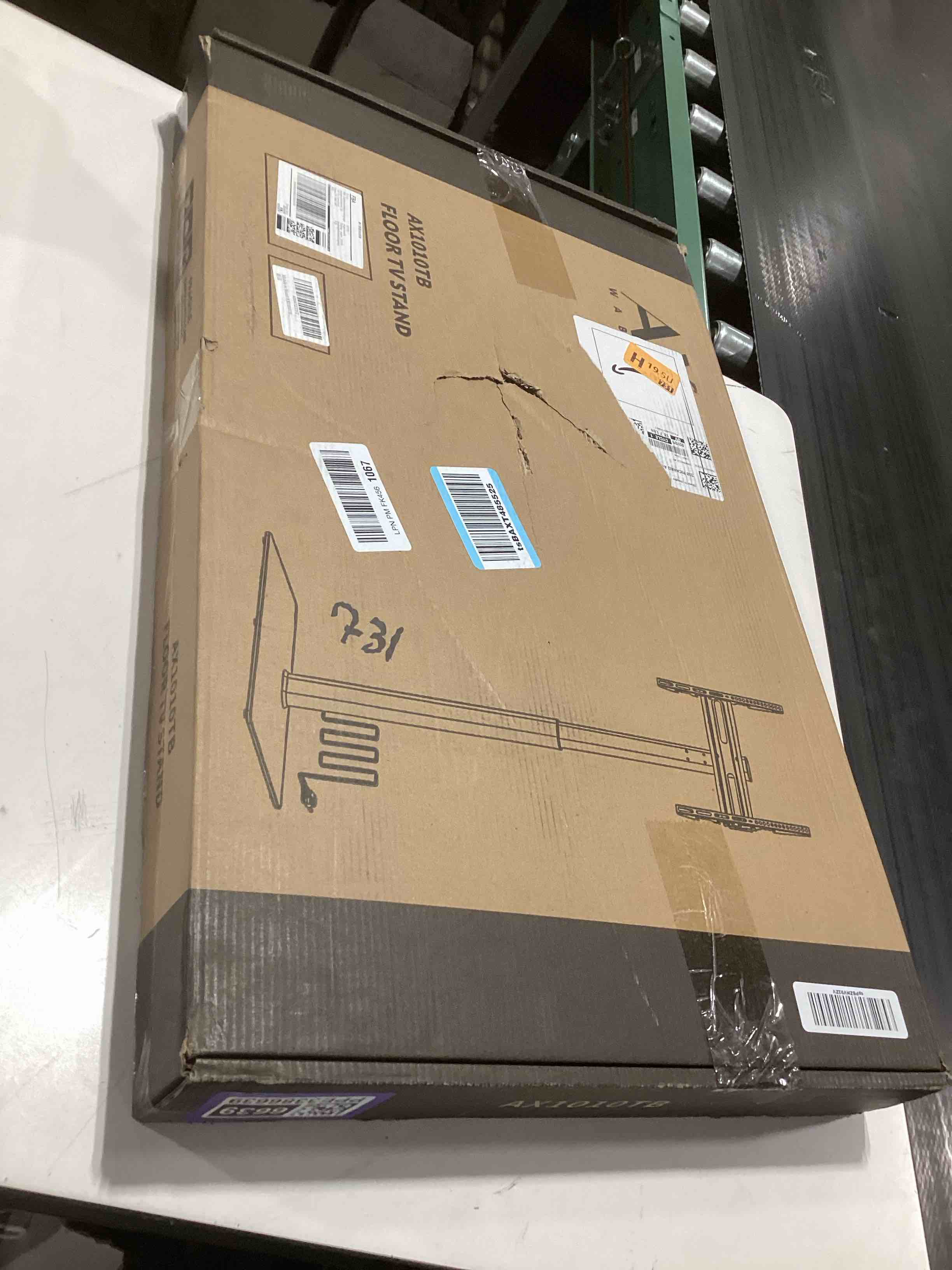 Condition photo showing Good Condition for AX WABER Floor TV Stand with Power Outlet, Universal TV Stand Mount for 27-65 inch TV up to 88lbs, 70 Degree Swivel 9 Level Height Adjustable with Tempered Glass Base for Bedroom, Office Black Black Floor TV Stand with Power Outlet