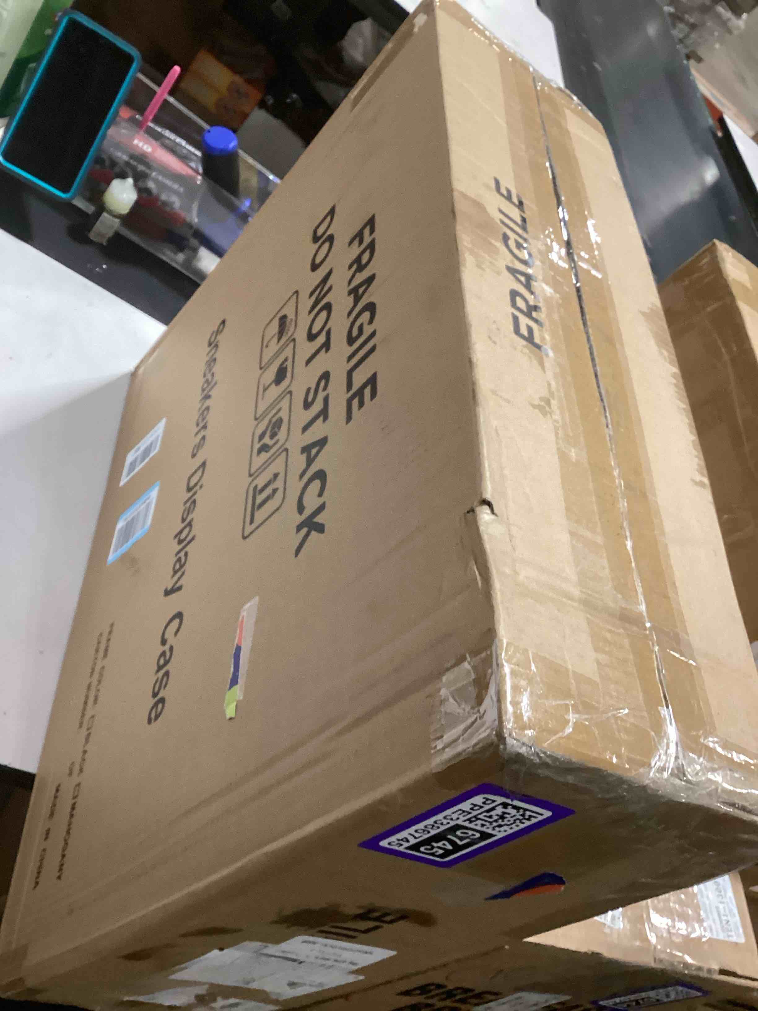 Condition photo showing As Is for Memorabilia Shoe Display Case Wooden Frame Wall Mount Acrylic Clear Door Sneaker Cabinet Containers Storage Shelves Boxes 98% UV Protection Lockable?Double Shoe-Black? 2xie Black