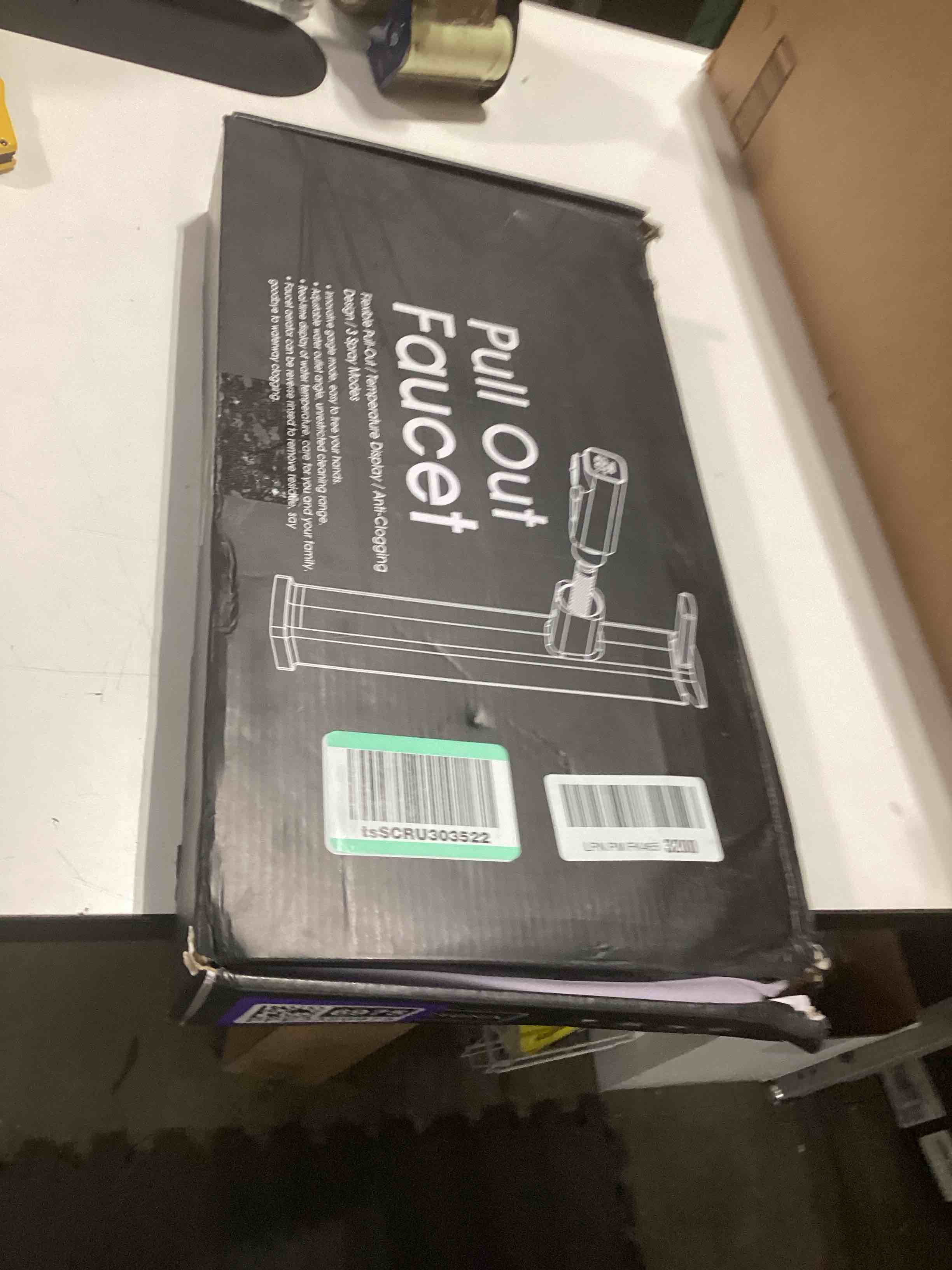 Condition photo showing As Is for HANLIAN Single Handle Pull Out Bathroom Vessel Sink Faucet with Rotating Spout, Modern Single Hole Tall Bathroom Faucet with Pull Down Sprayer, One Hole High Bathroom Sink Faucet Black with 3 Modes Tall without Temperature Display Black