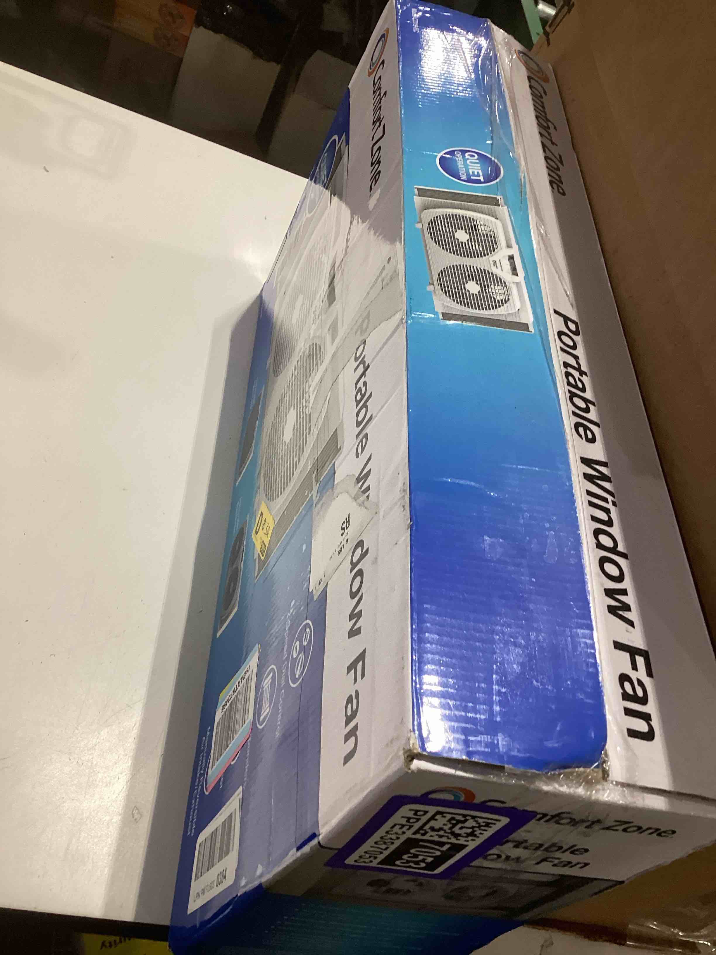 Condition photo showing As Is for Comfort Zone Twin Window Fan with Reversible Airflow Control, 9 inch, Auto-Locking Expanders, 2 Speed Fan, Dual Fan, Exhaust, Airflow 9.84 ft/sec, Ideal for Home, Kitchen, Bedroom & Office, CZ319WT White 9"