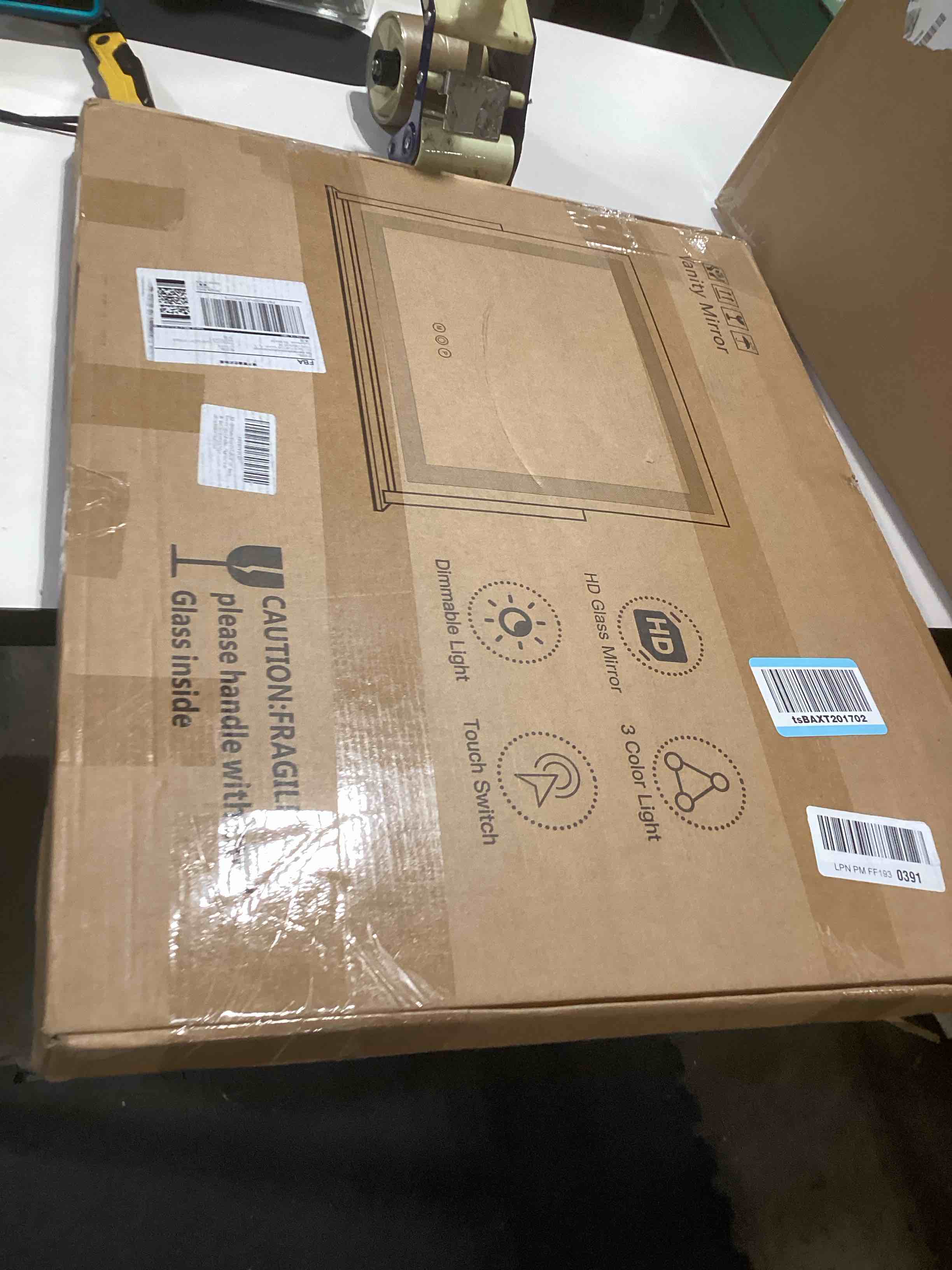 Condition photo showing As Is for FENNIO Vanity Mirror with Lights 22''x18'' Makeup Mirror with Lights,Lighted Makeup Mirror with 10X Magnification ?Smart Touch Screen with 3-Color Lighting,Dimmable?Square Gold? Gold 22"L x 18"W