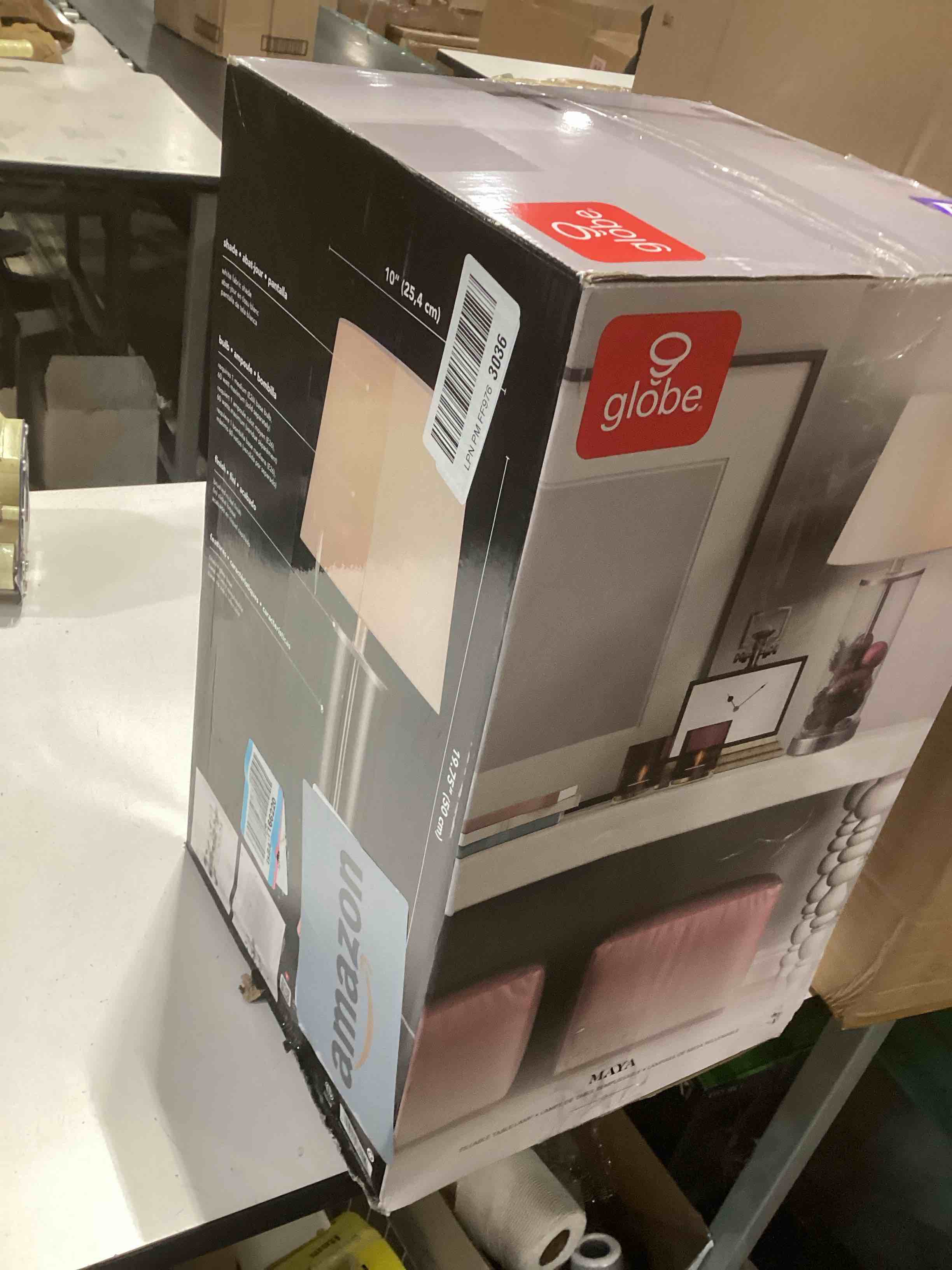 Condition photo showing As Is for Globe Electric 67155 Maya 21" Fillable Table Lamp, Clear Glass and Steel Base, White Fabric Shade