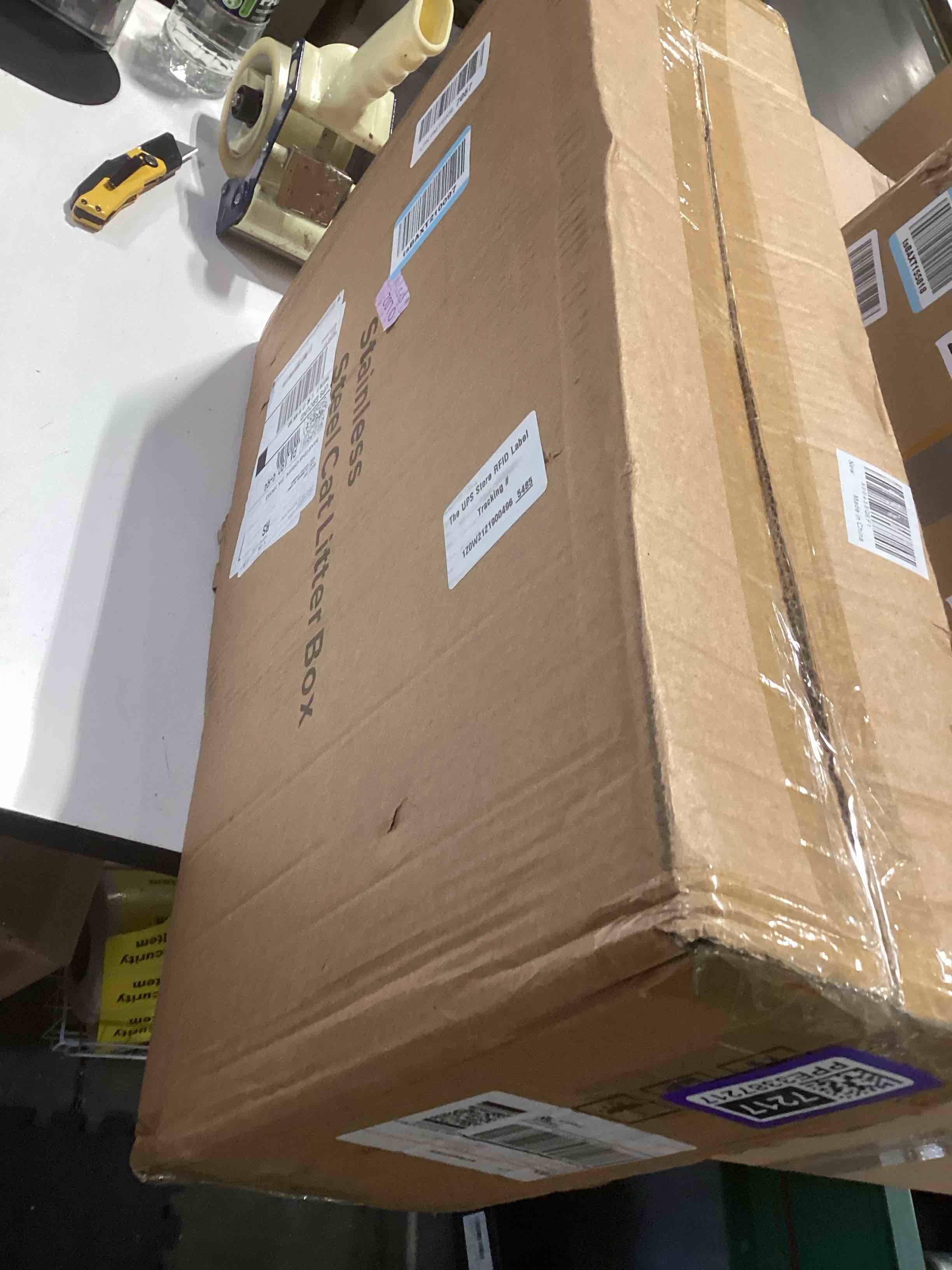 Condition photo showing As Is for Stainless Steel Litter Box | XL Enclosed Cat Litter Boxes with Lid for Big Cats | High Sided, Anti-Urine Leakage | Non-Stick Bottom & Includes Litter Mat & Metal Scoop