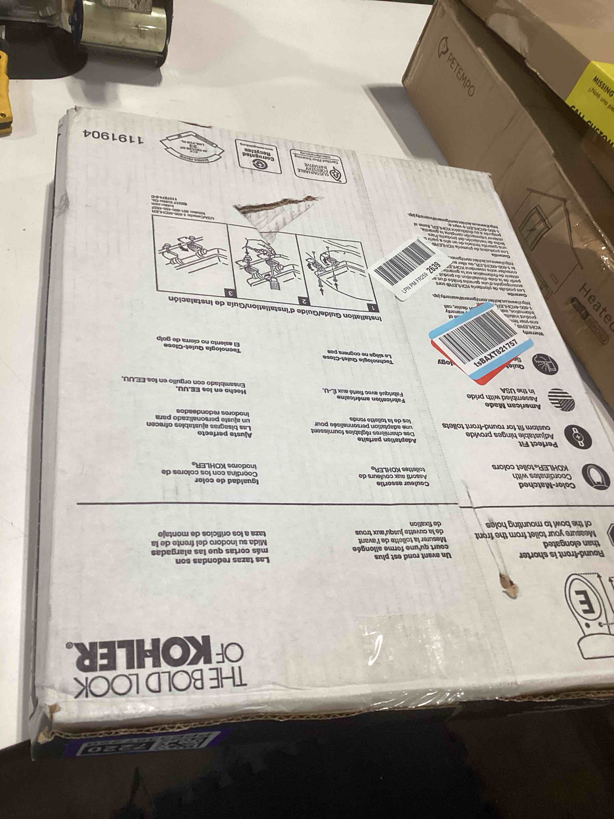 Condition photo showing Good Condition for KOHLER Stonewood Quiet-Close, Round Toilet Seat Soft Close, Durable Wood, Easy Installation, Universal Fit, Home Essentials, White Finish, K-20467-0 White Round Double-Hinge