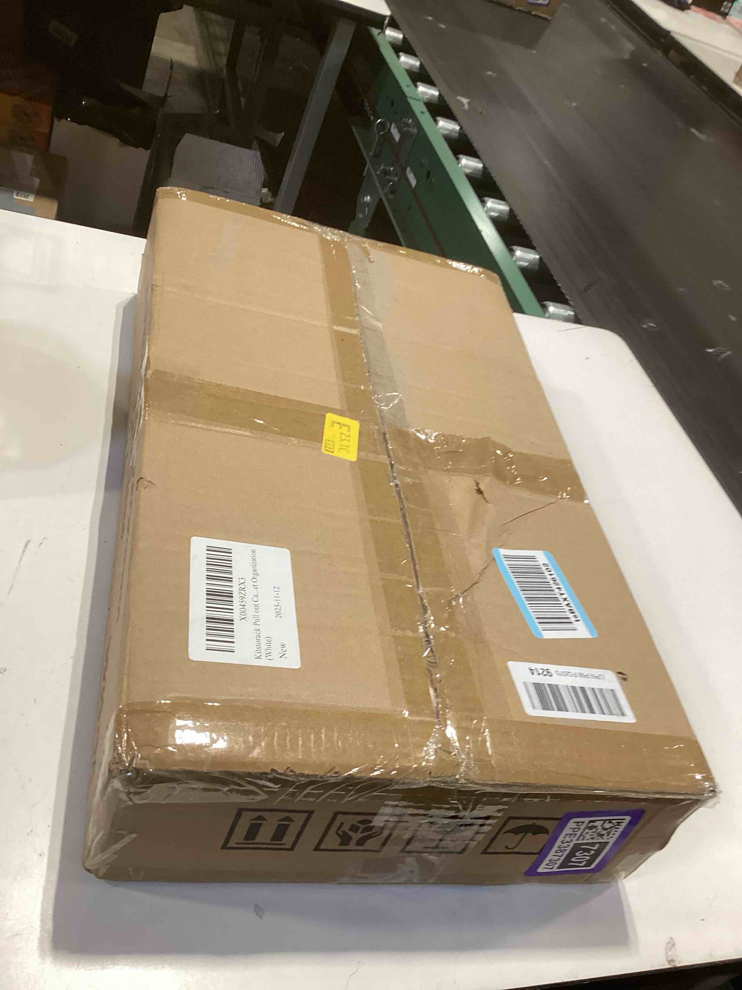 Condition photo showing As Is for Kitstorack Pull out Cabinet Organizer, Expandable(12"-20") Heavy Duty Slide out Drawers Fixed with Adhesive Nano Film for Pots, Roll out Shelf Storage for Kitchen Base Cabinet Organization(White) White 21"D×12"-20"W(1 Pack)