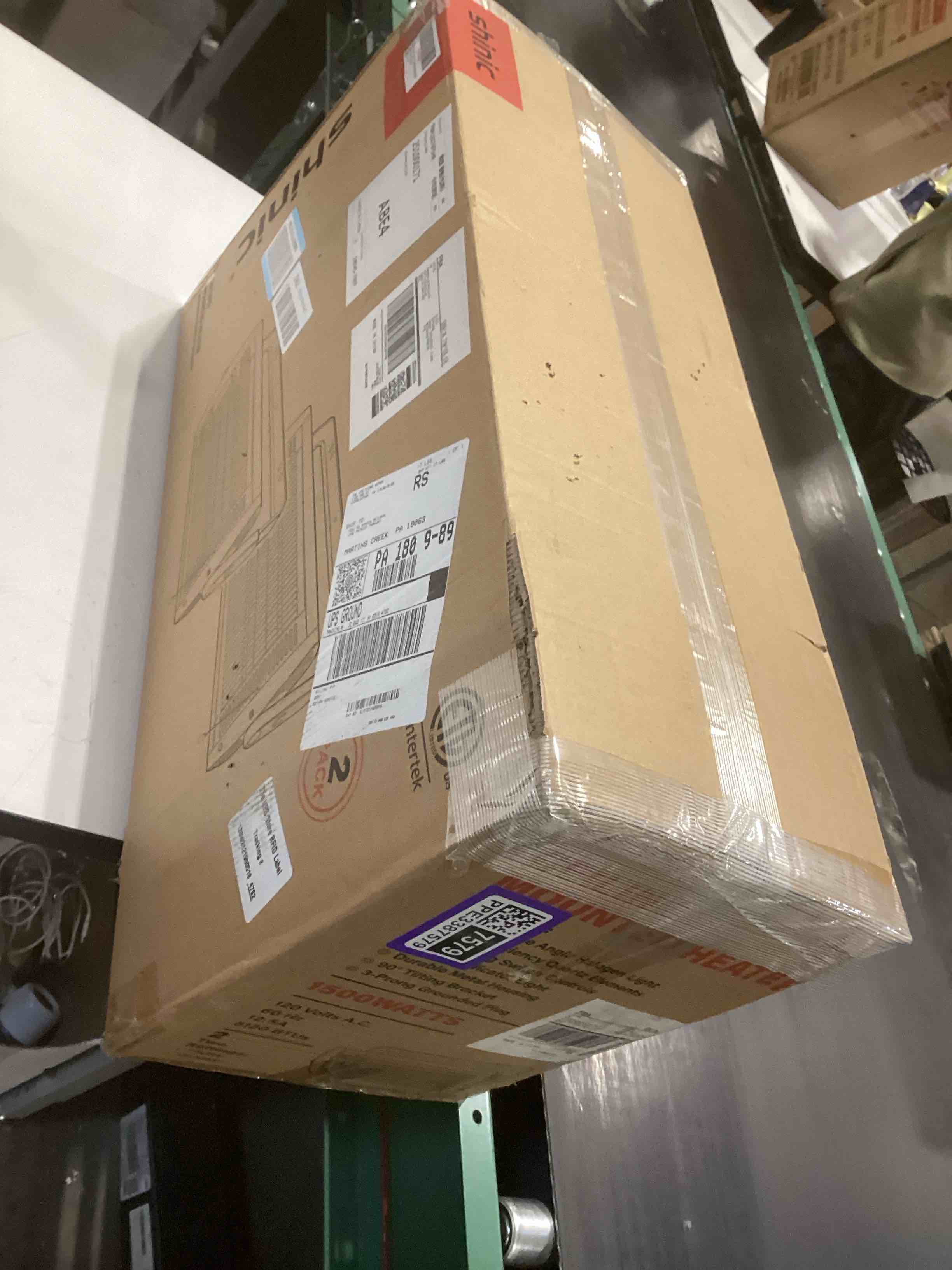 Condition photo showing As Is for Shinic 2 Packs Electric Garage Heaters, 1500W/750W Ceiling Mounted Heater Radiant Heaters with Halogen Light, 90 Degree Rotation, 5 Mode Settings, Space Heater for Garage, Shop, Large Room and Patio