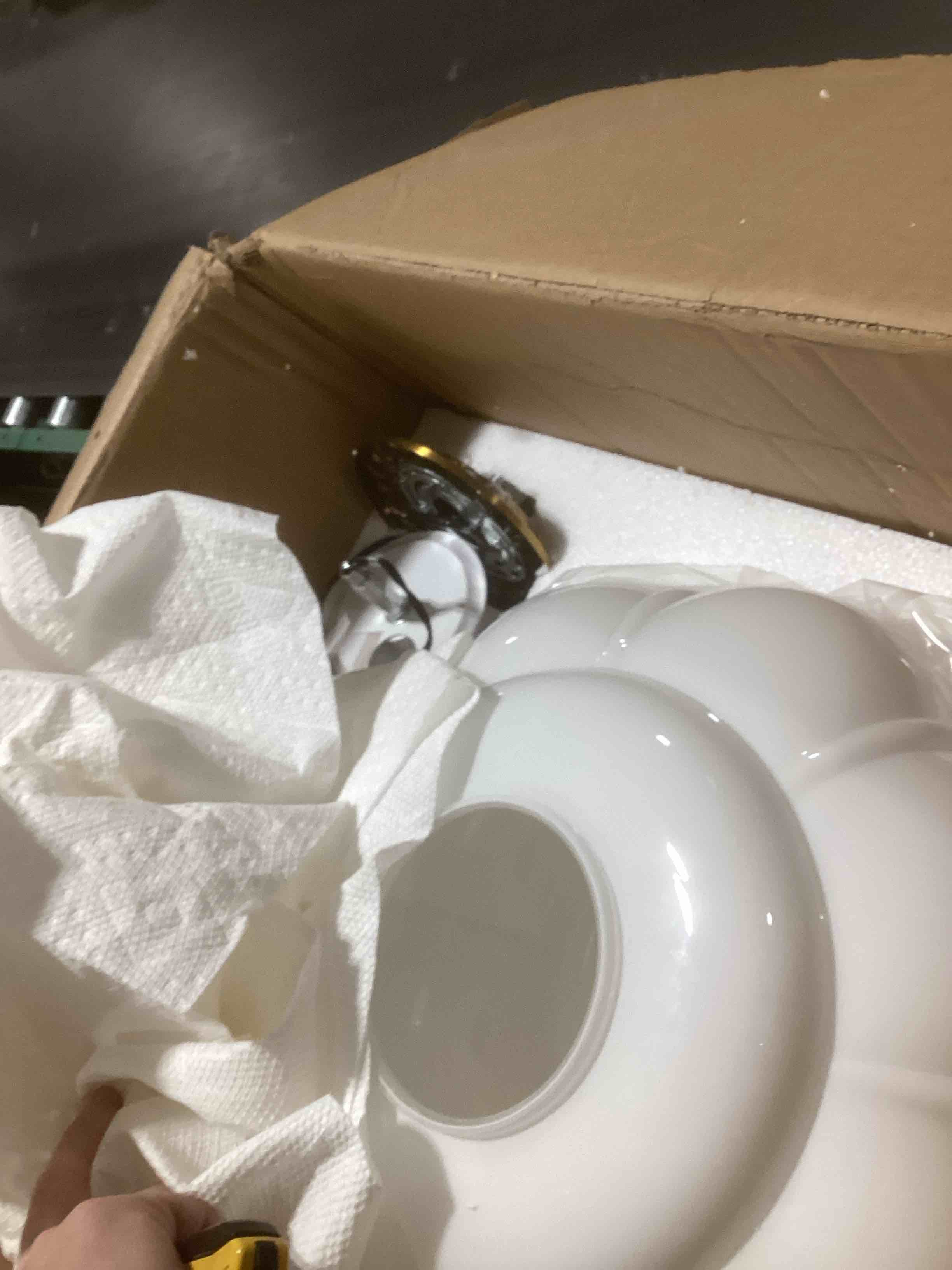 Condition photo showing Good Condition for Milk Glass Ceiling Light Fixture - Antique Brass Semi Flush Mount Pendant Light for Kitchen, Hallway, and Bedroom 15 inch (White 15 inch)