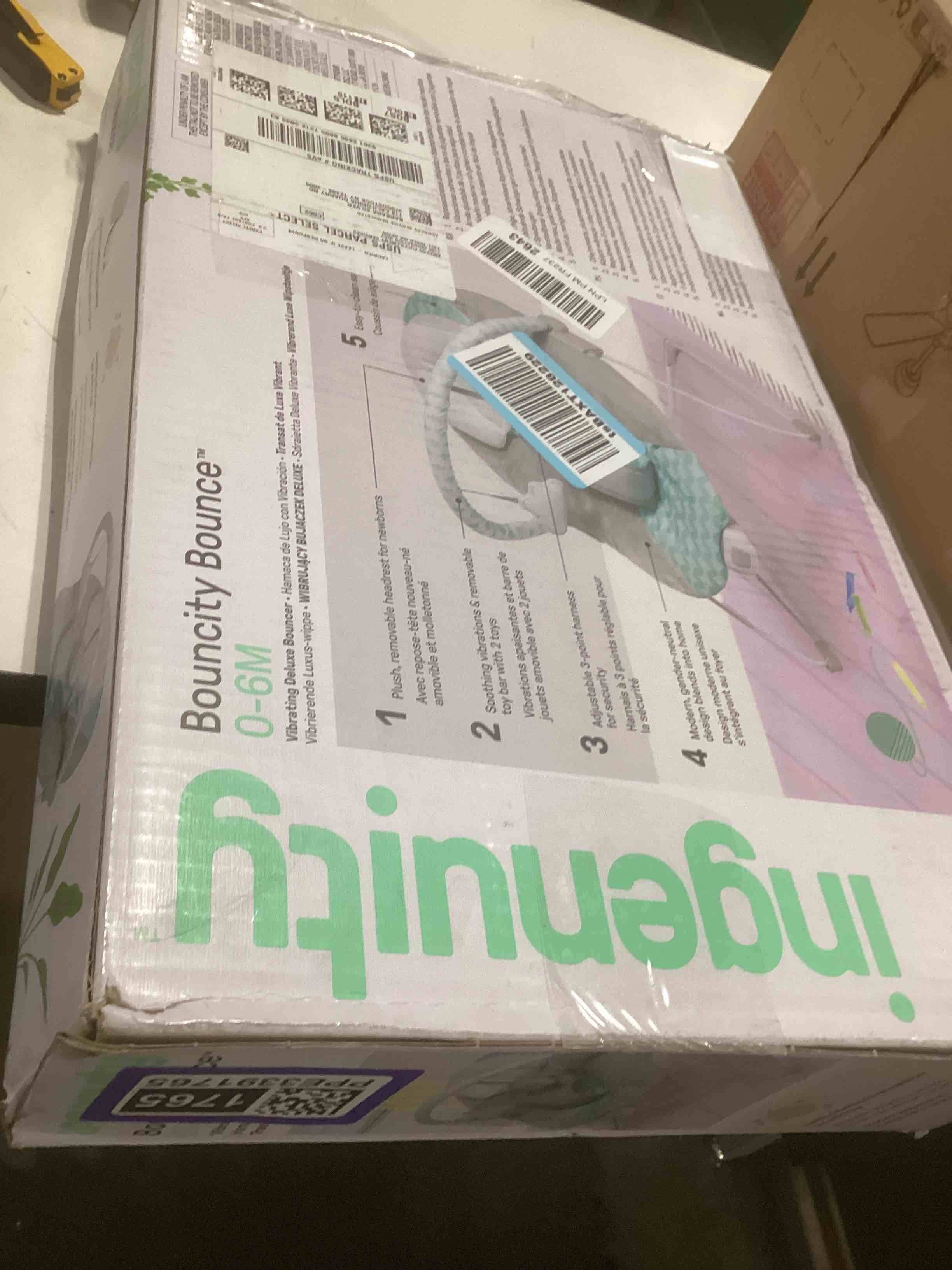 Condition photo showing As Is for Ingenuity Ity Bouncity Bounce Vibrating Deluxe Baby Bouncer Seat, 0-6 Months Up to 20 lbs (Goji)