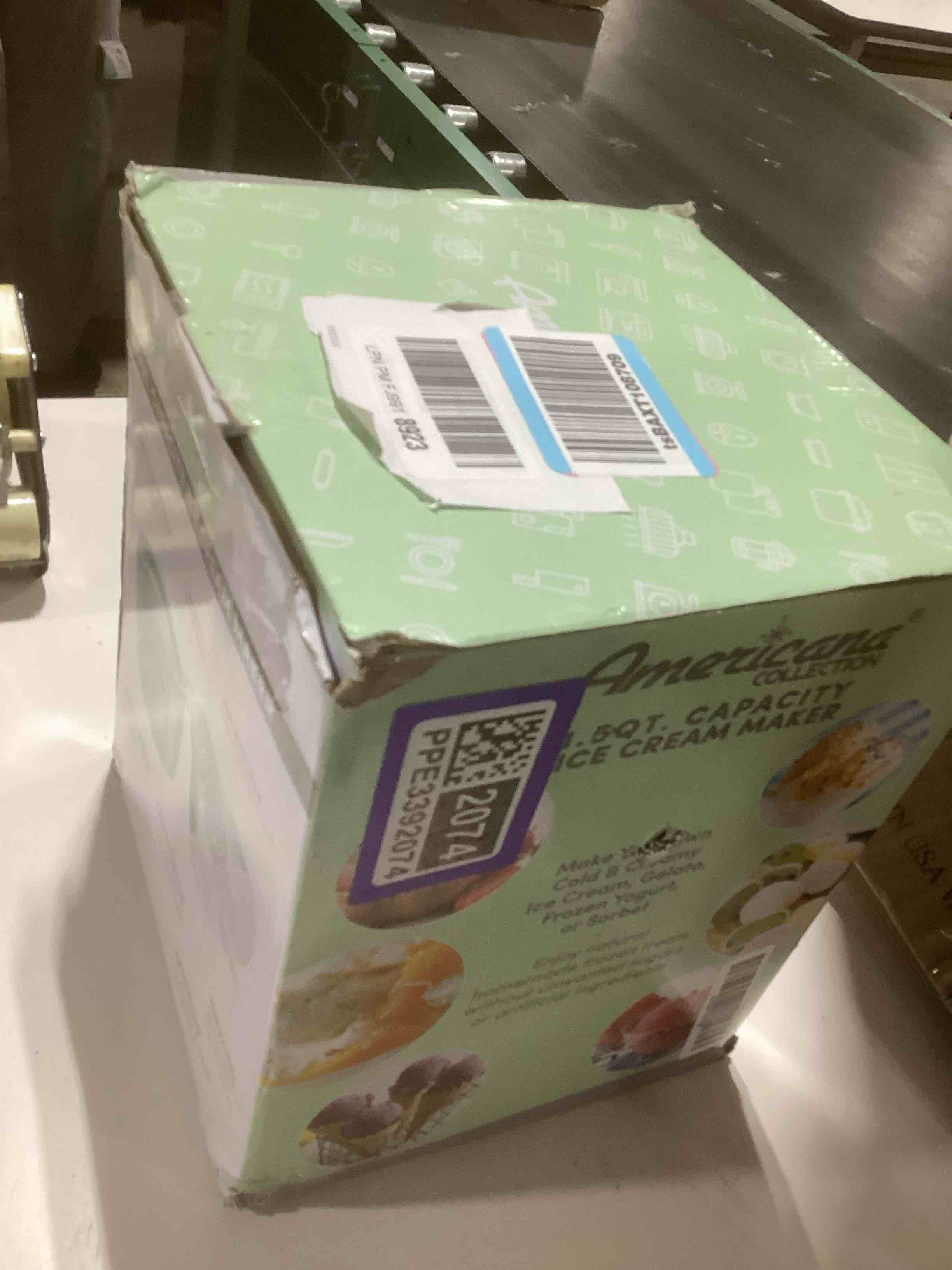 Condition photo showing As Is for Americana Collection Elite EIM-1432M 1.5 Quart Automatic Easy Homemade Electric Ice Cream Maker, Frozen Yogurt, Sorbet, Gelato Treat, with Recipes, Mint