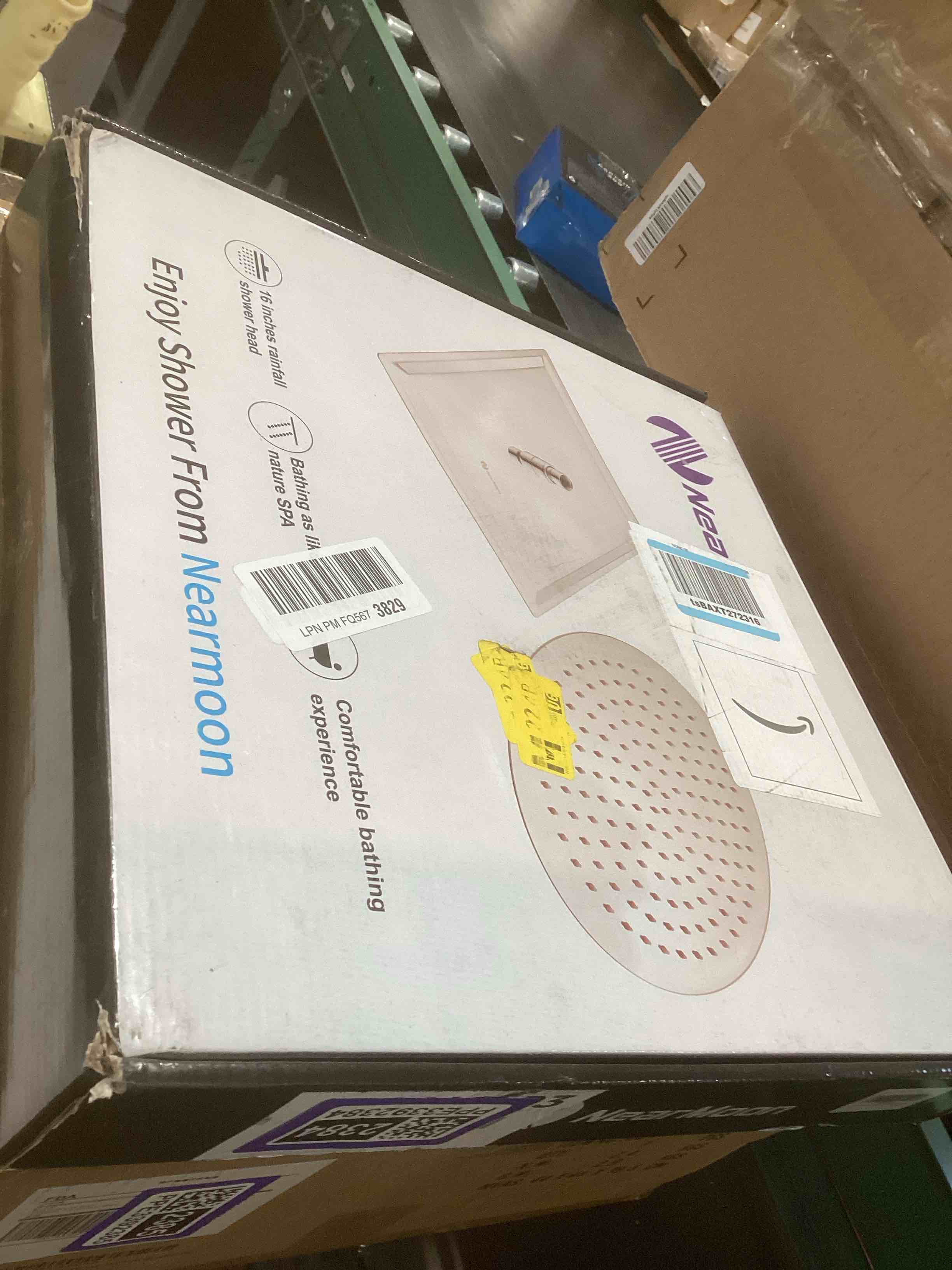 Condition photo showing Good Condition for NearMoon Rain Shower Head, High Flow Stainless Steel Square Rainfall Shower, Waterfall Bath Shower Body Covering, Ceiling or Wall Mount (16 Inch, Brushed Nickel) 16 Inch Brushed Nickel