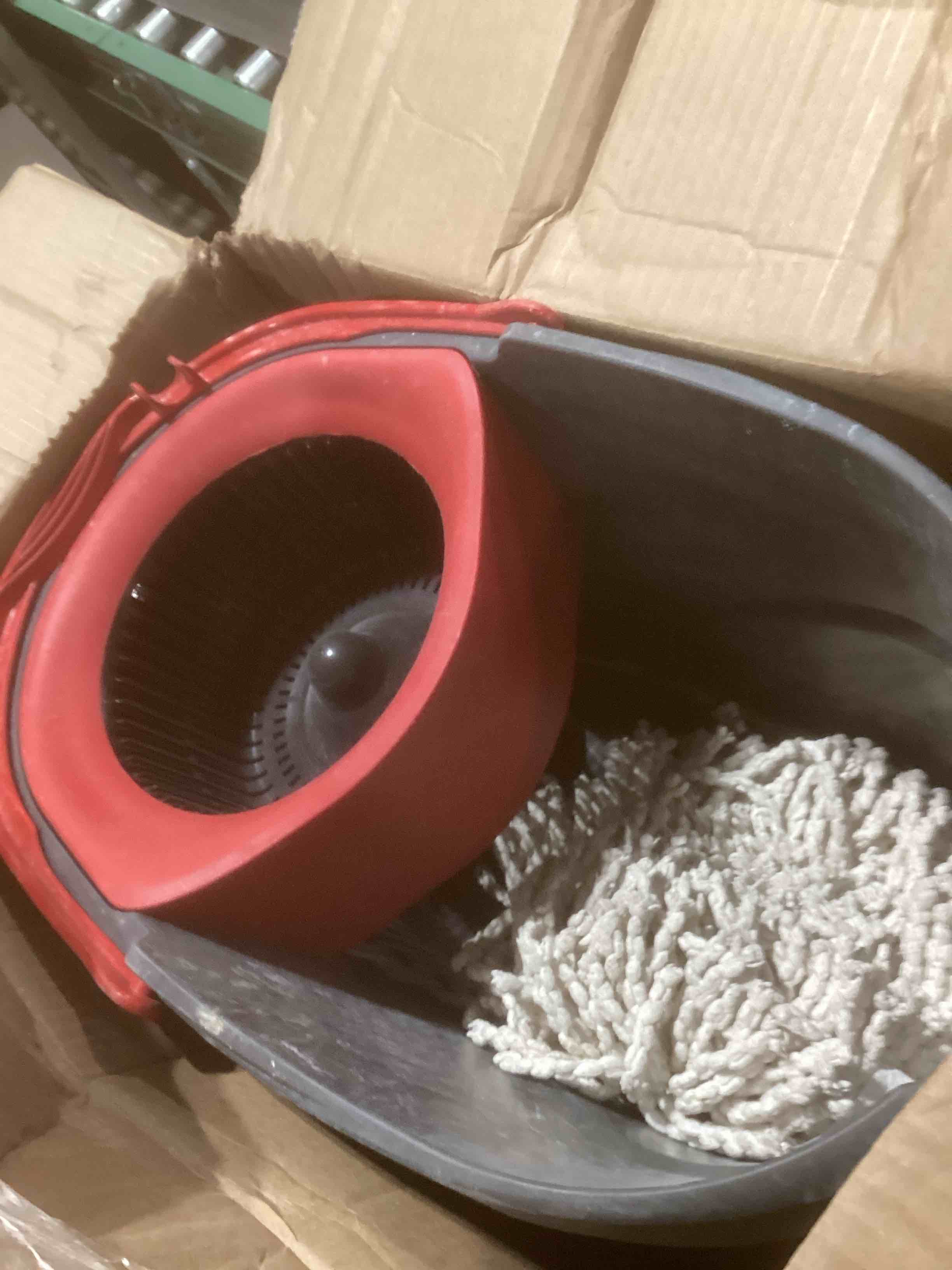 Condition photo showing As Is for O-Cedar EasyWring Microfiber Spin Mop & Bucket Floor Cleaning System + 2 Extra Refills, Red/Gray Spin Mop & Bucket with 2 Extra Refills