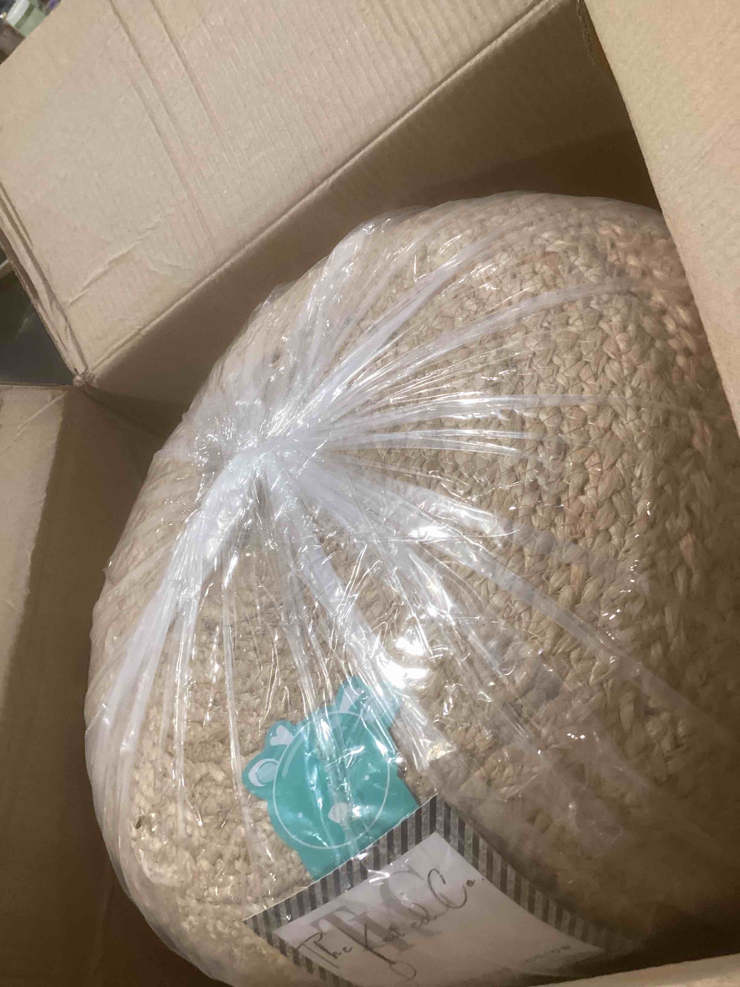 Condition photo showing Good Condition for The Knitted Co. 100% Natural Jute Pouf Handmade Braided Ottoman - Farmhouse Rustic Accent Furniture - Footrest Round Bean Bag - for Living Room Bedroom Kids Room (Natural, 16" x 16" x 18")