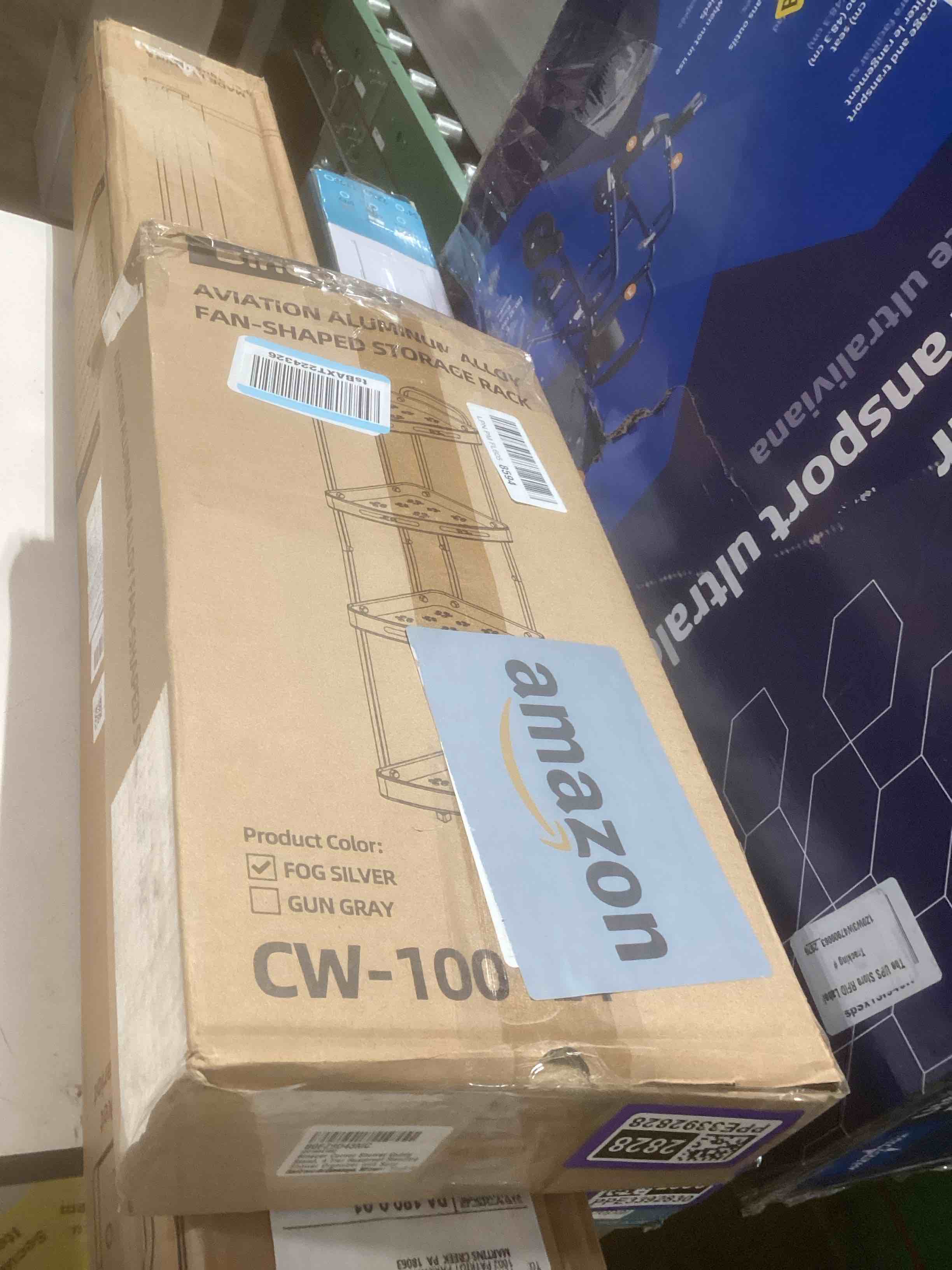 Condition photo showing As Is for Corner Shower Caddy Stand, 4 Tier Rustproof Standing Shower Organizer with Soap Holder, Aluminum Shower Shelf for Bathroom Storage, Silver